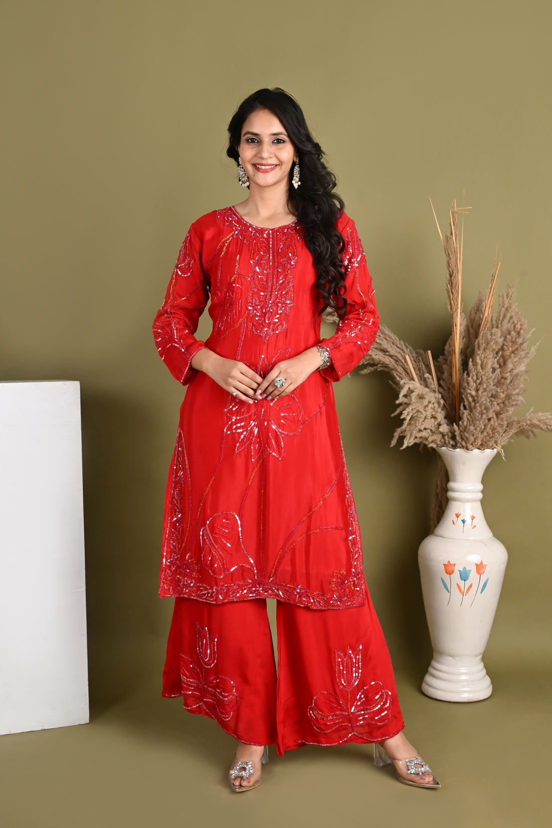 NR-162/ Red Sequin Embroidered Kurta Palazzo Set
