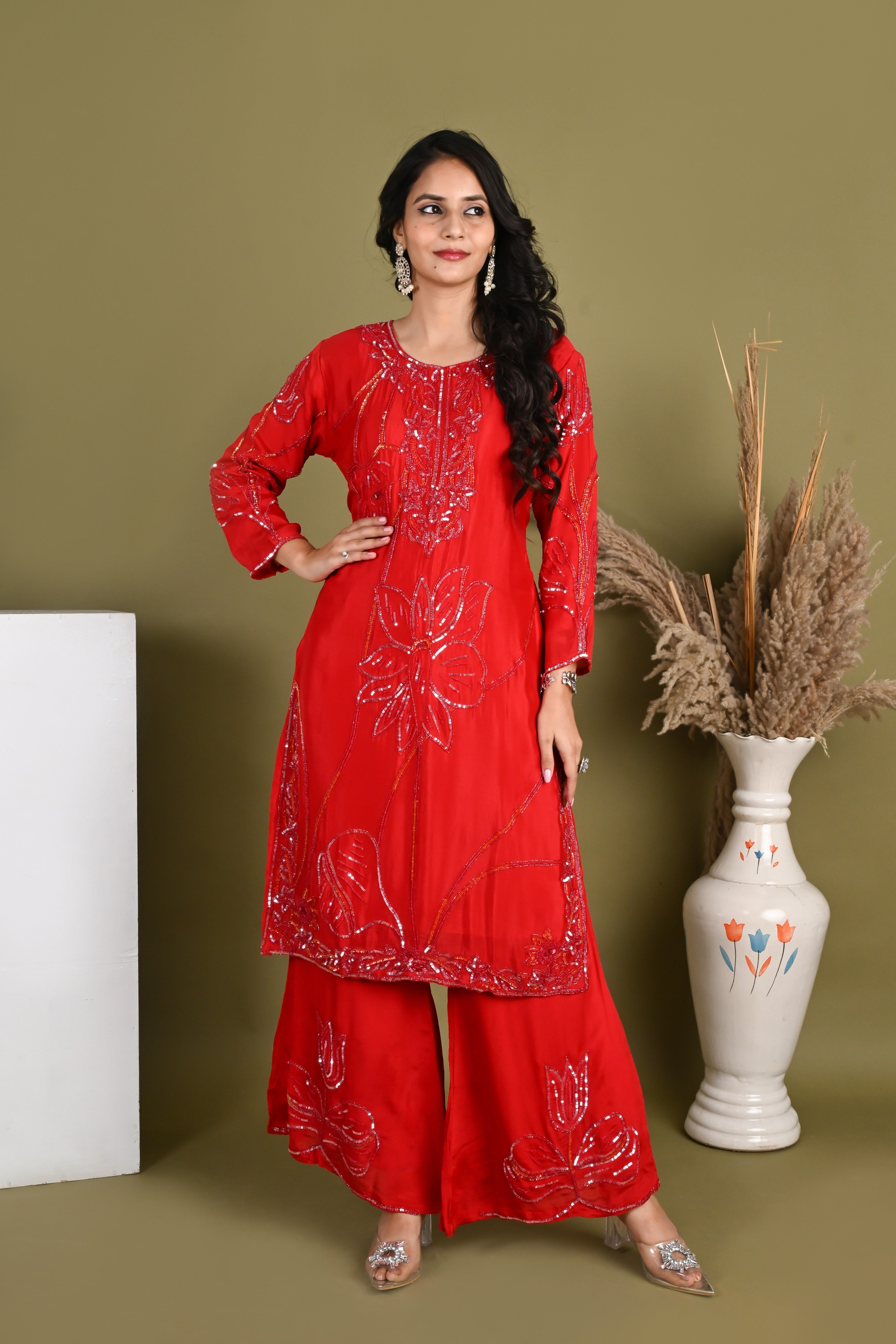 NR-162/ Red Sequin Embroidered Kurta Palazzo Set