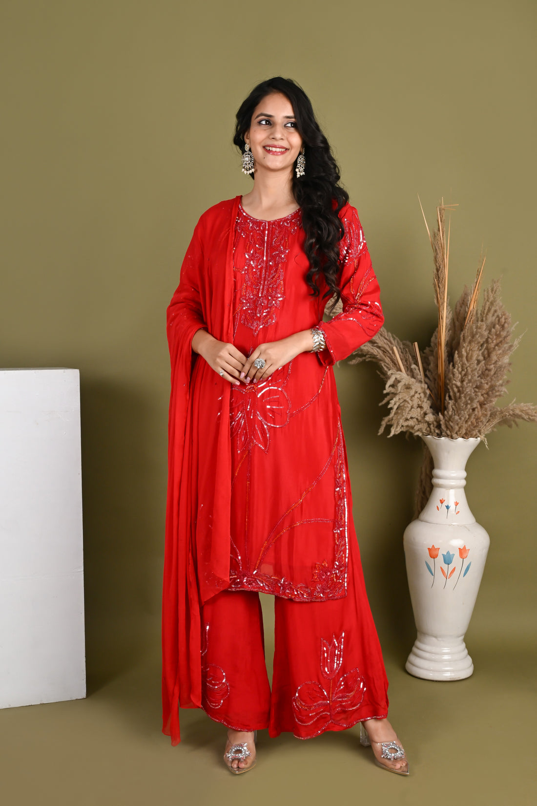 NR-162/ Red Sequin Embroidered Kurta Palazzo Set