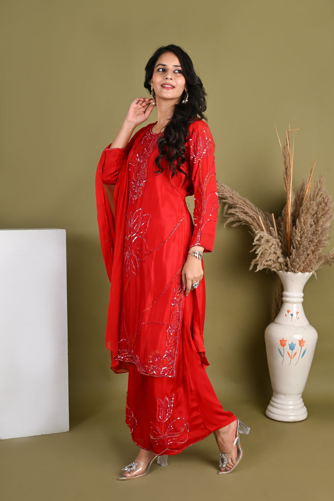 NR-162/ Red Sequin Embroidered Kurta Palazzo Set