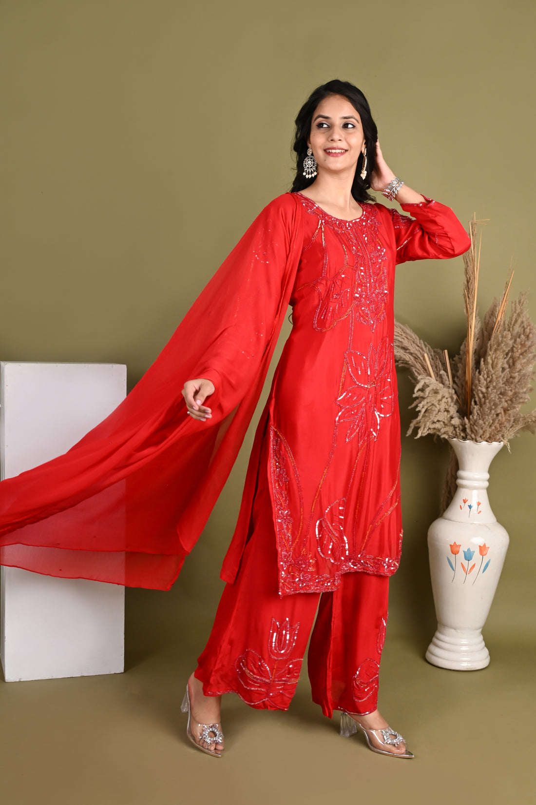 NR-162/ Red Sequin Embroidered Kurta Palazzo Set