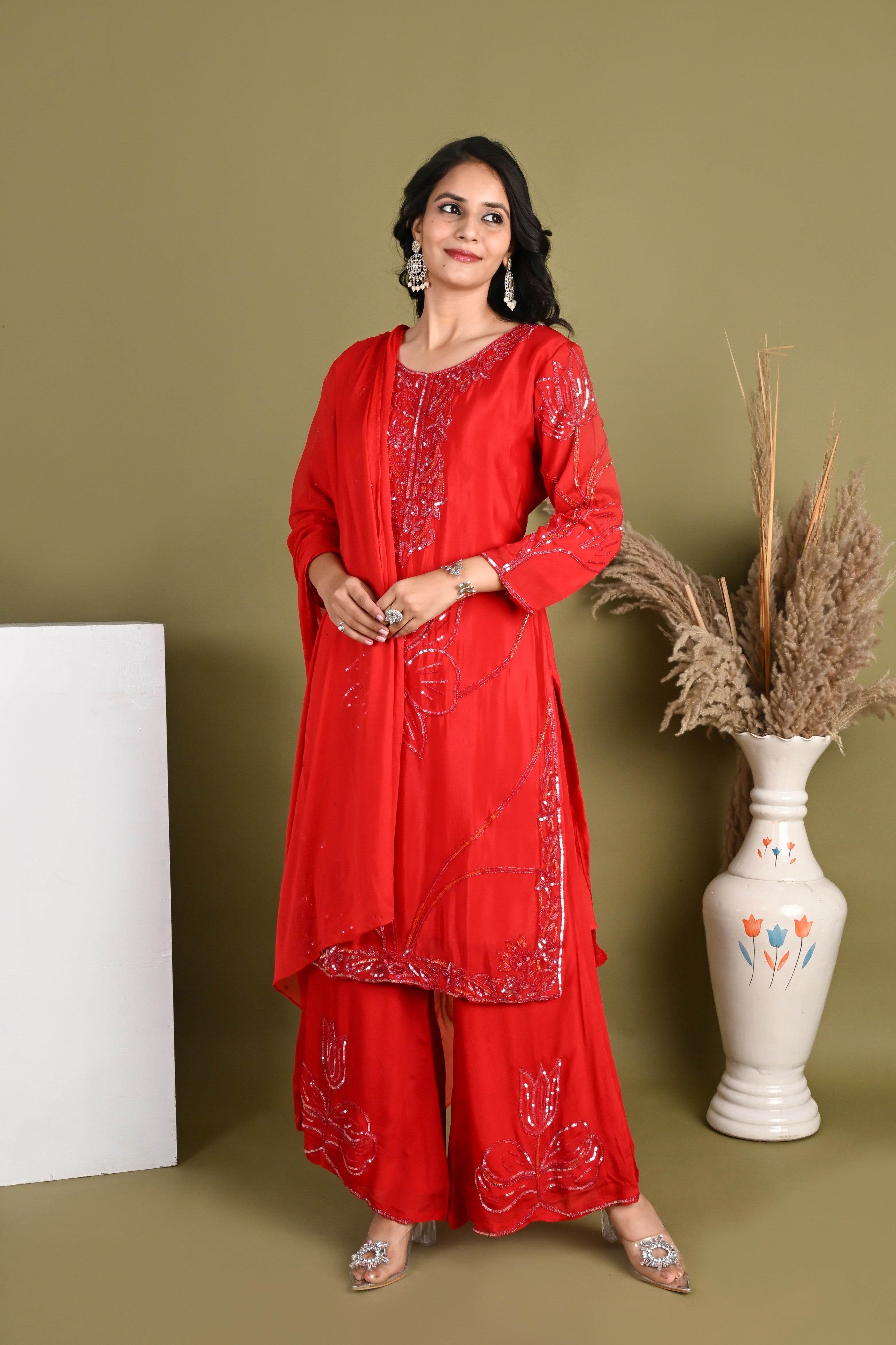 NR-162/ Red Sequin Embroidered Kurta Palazzo Set