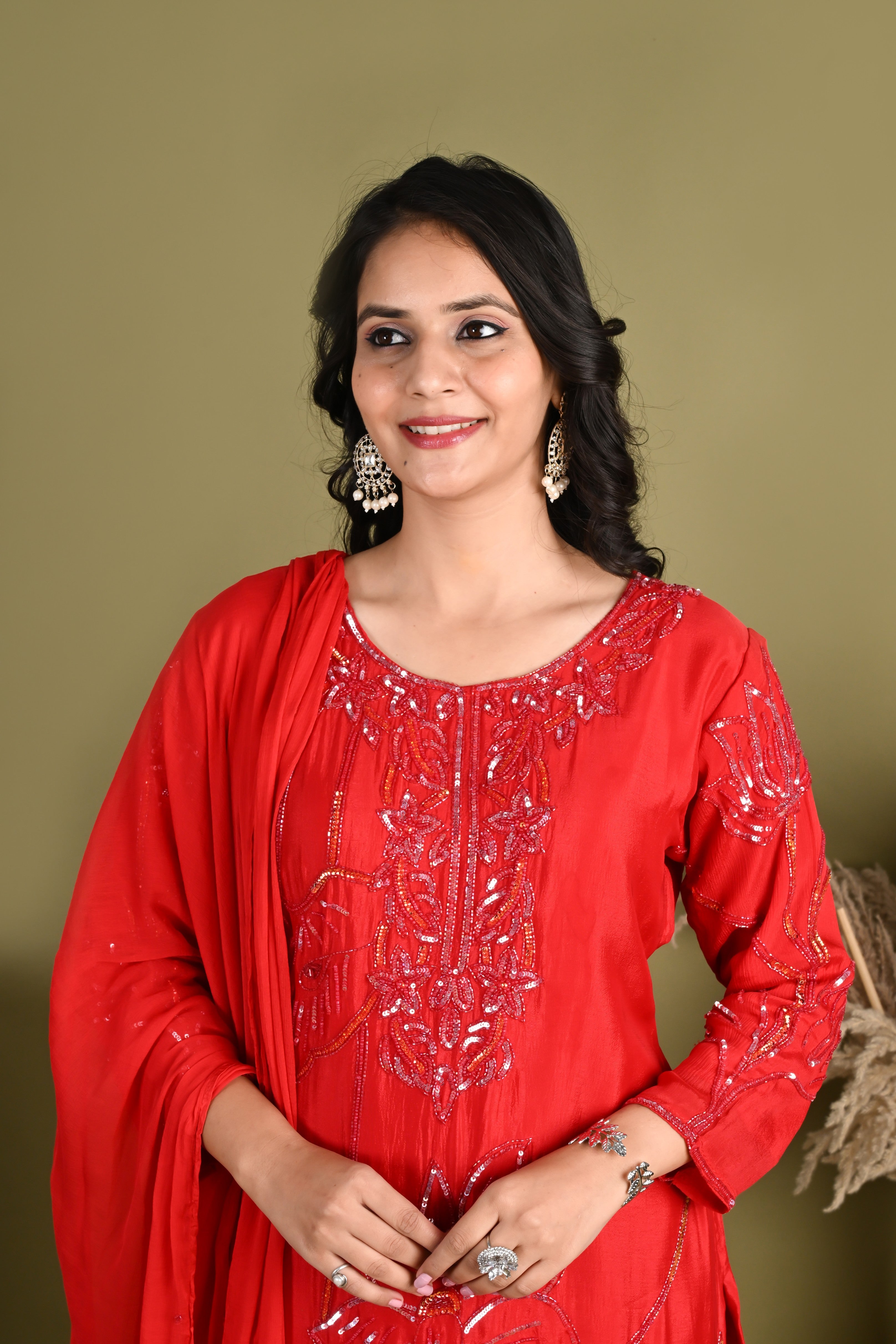 NR-162/ Red Sequin Embroidered Kurta Palazzo Set