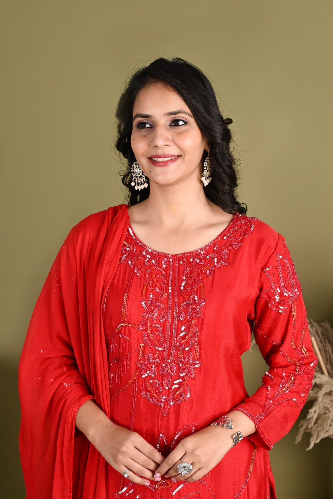 NR-162/ Red Sequin Embroidered Kurta Palazzo Set