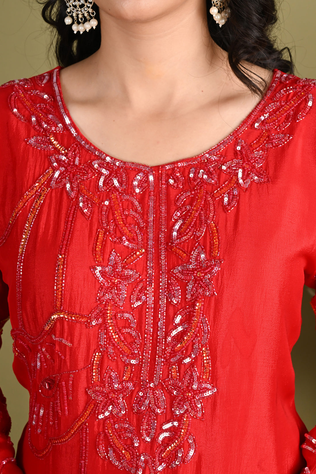 NR-162/ Red Sequin Embroidered Kurta Palazzo Set