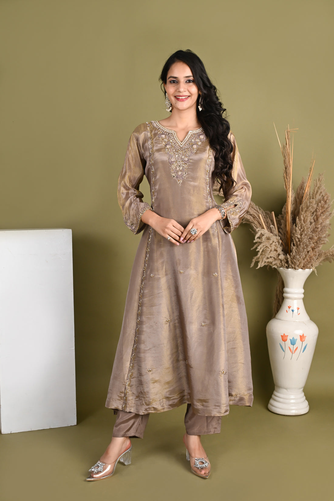 NR-163/ Antique Beige Embroidered Suit Set