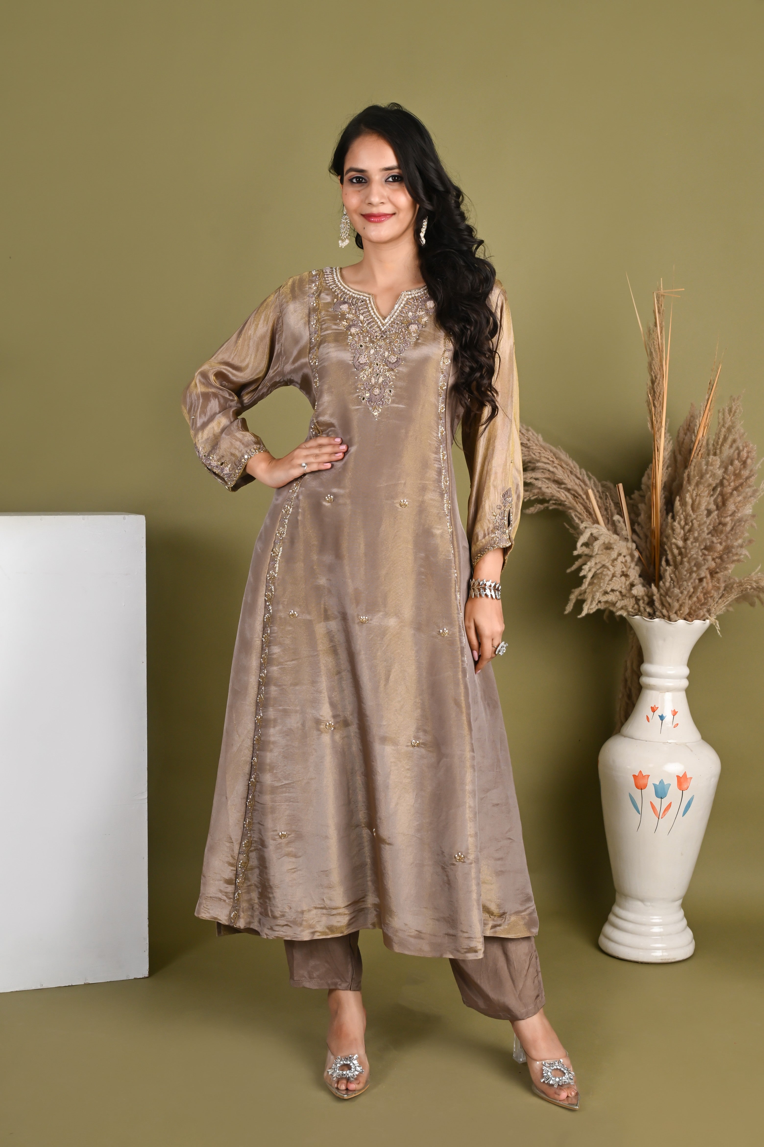 NR-163/ Antique Beige Embroidered Suit Set