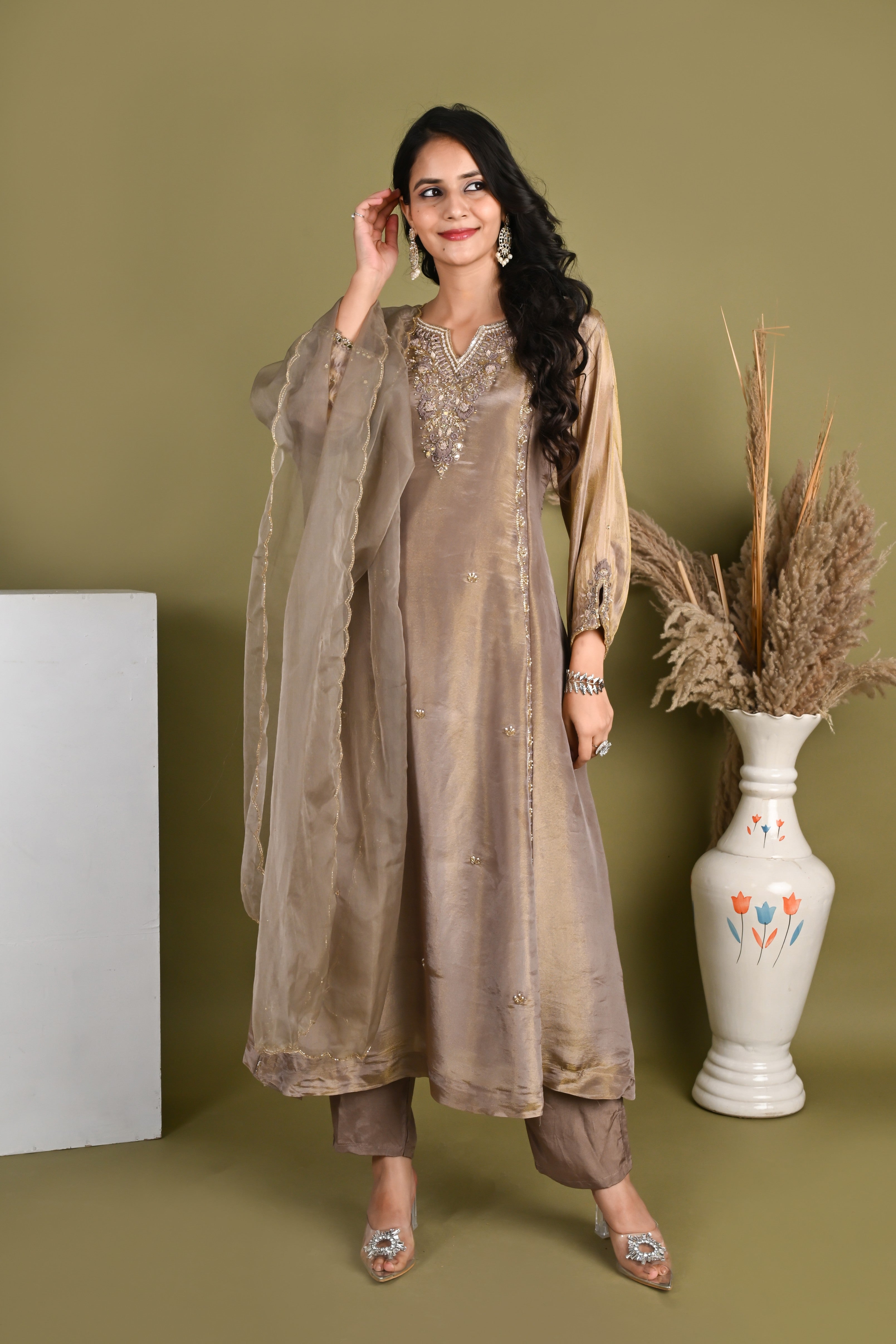 NR-163/ Antique Beige Embroidered Suit Set