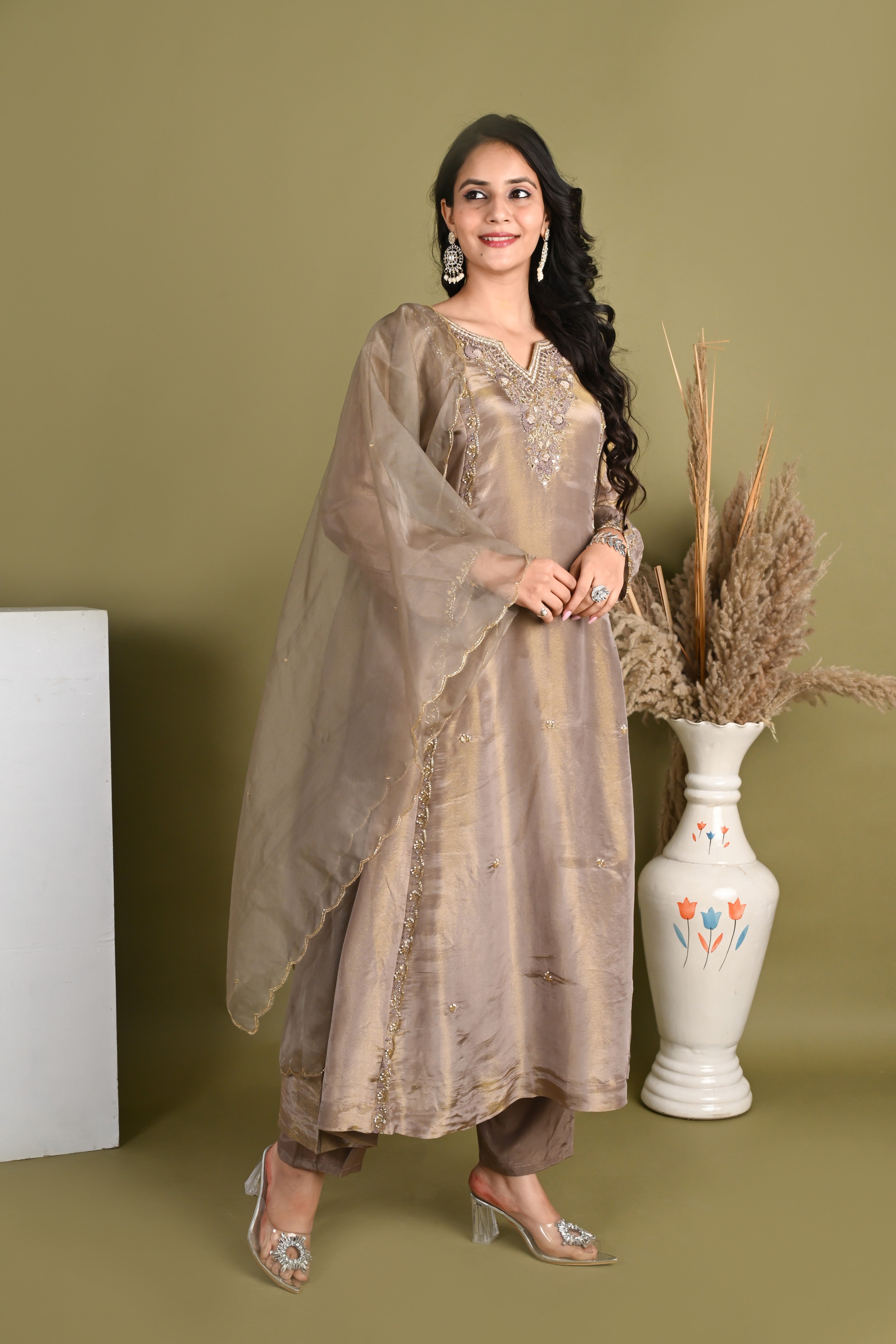 NR-163/ Antique Beige Embroidered Suit Set