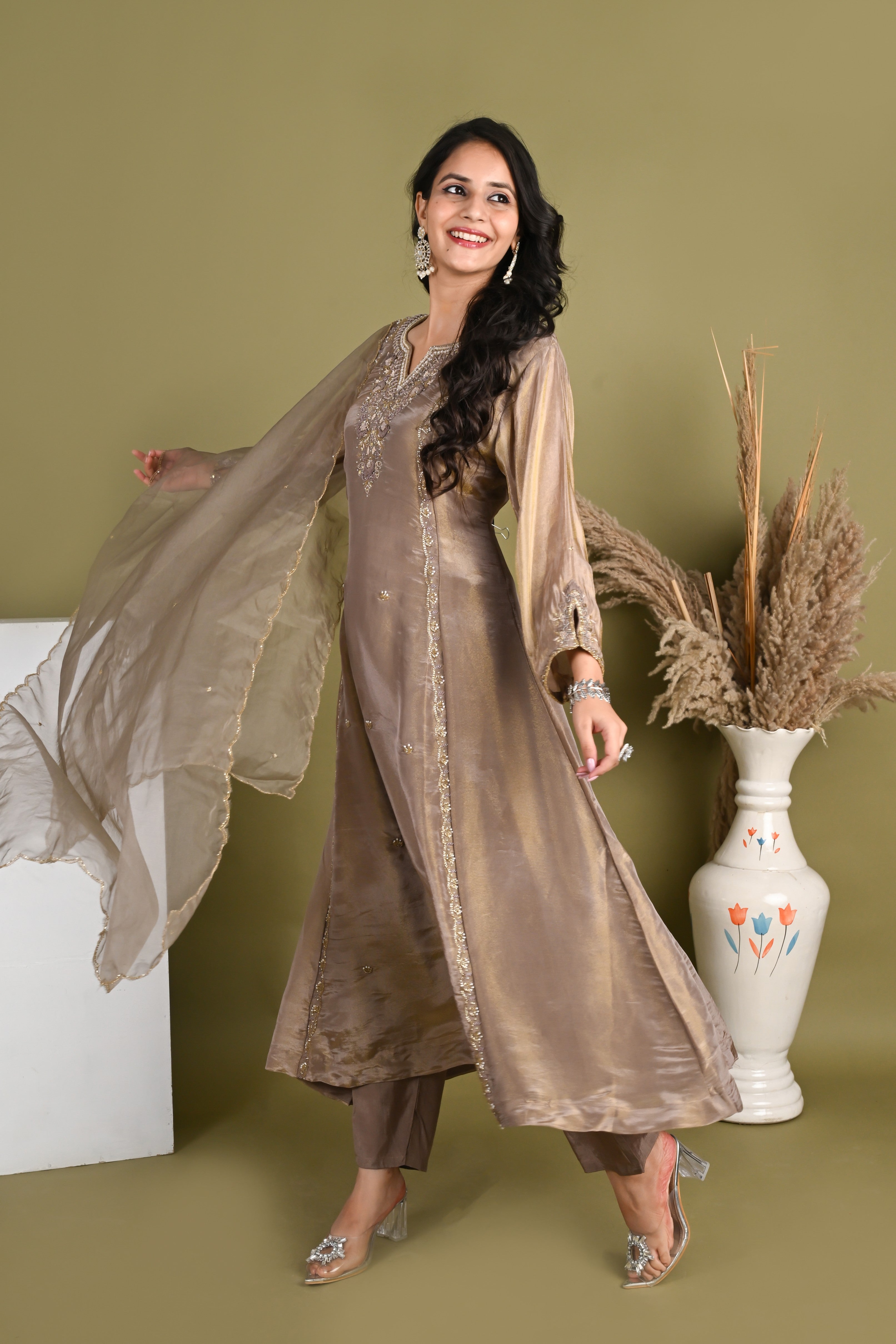 NR-163/ Antique Beige Embroidered Suit Set