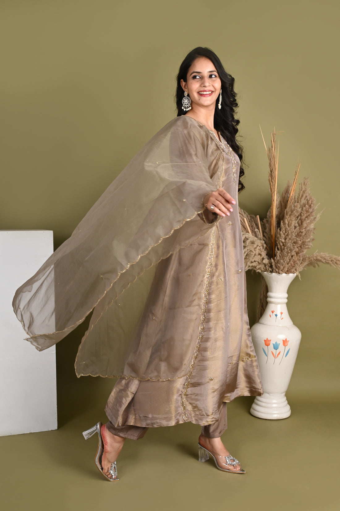 NR-163/ Antique Beige Embroidered Suit Set