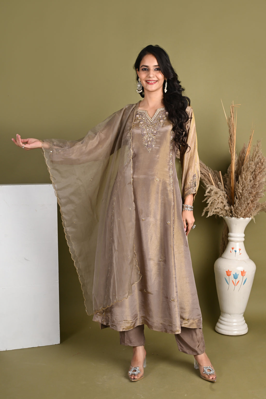 NR-163/ Antique Beige Embroidered Suit Set
