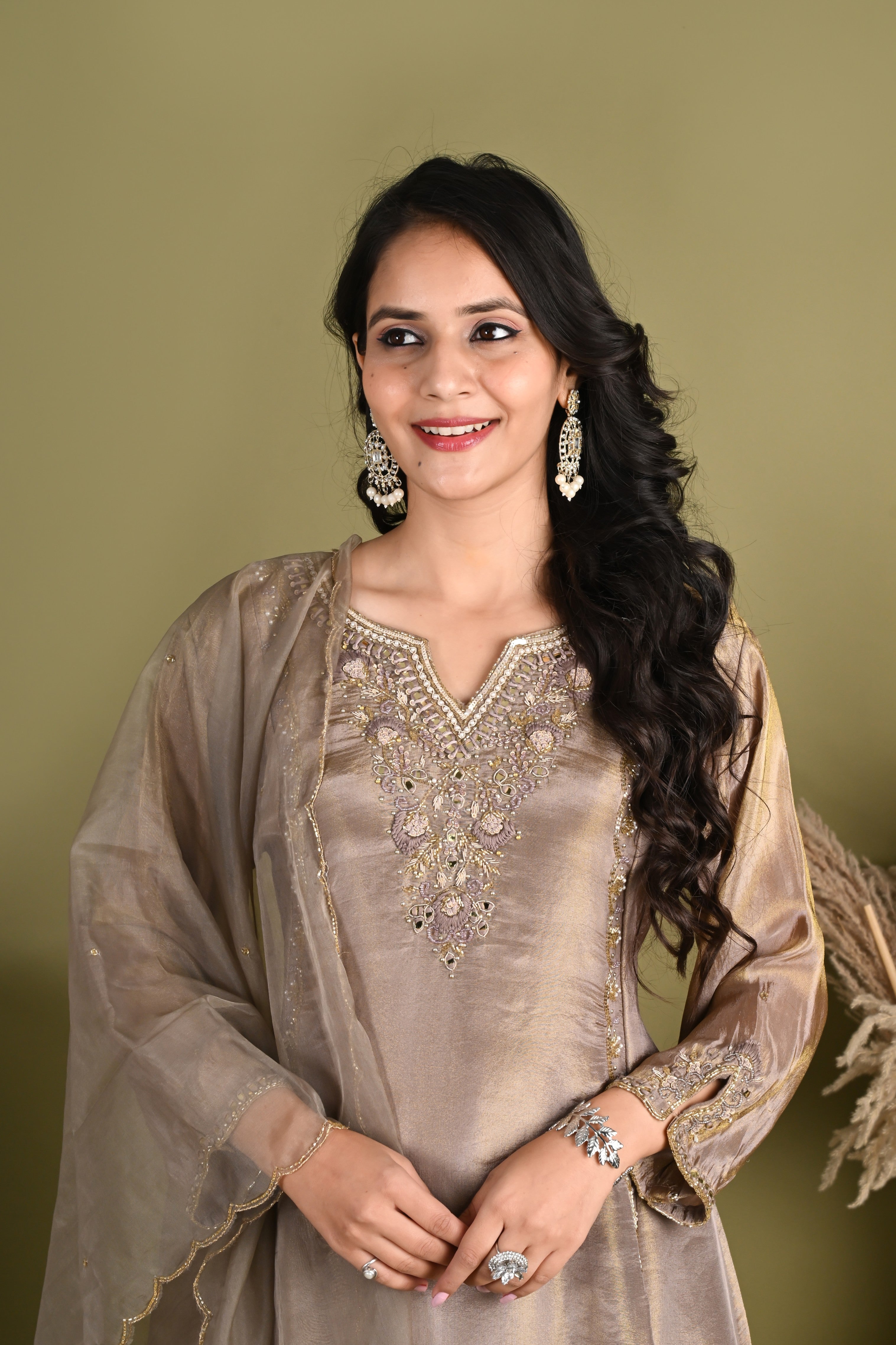 NR-163/ Antique Beige Embroidered Suit Set