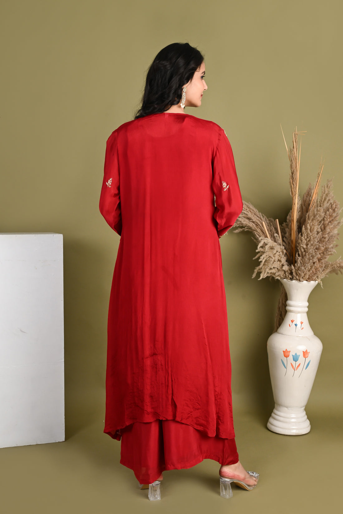 NR-164/  Ruby Red Handcrafted Shrug Kurta Set