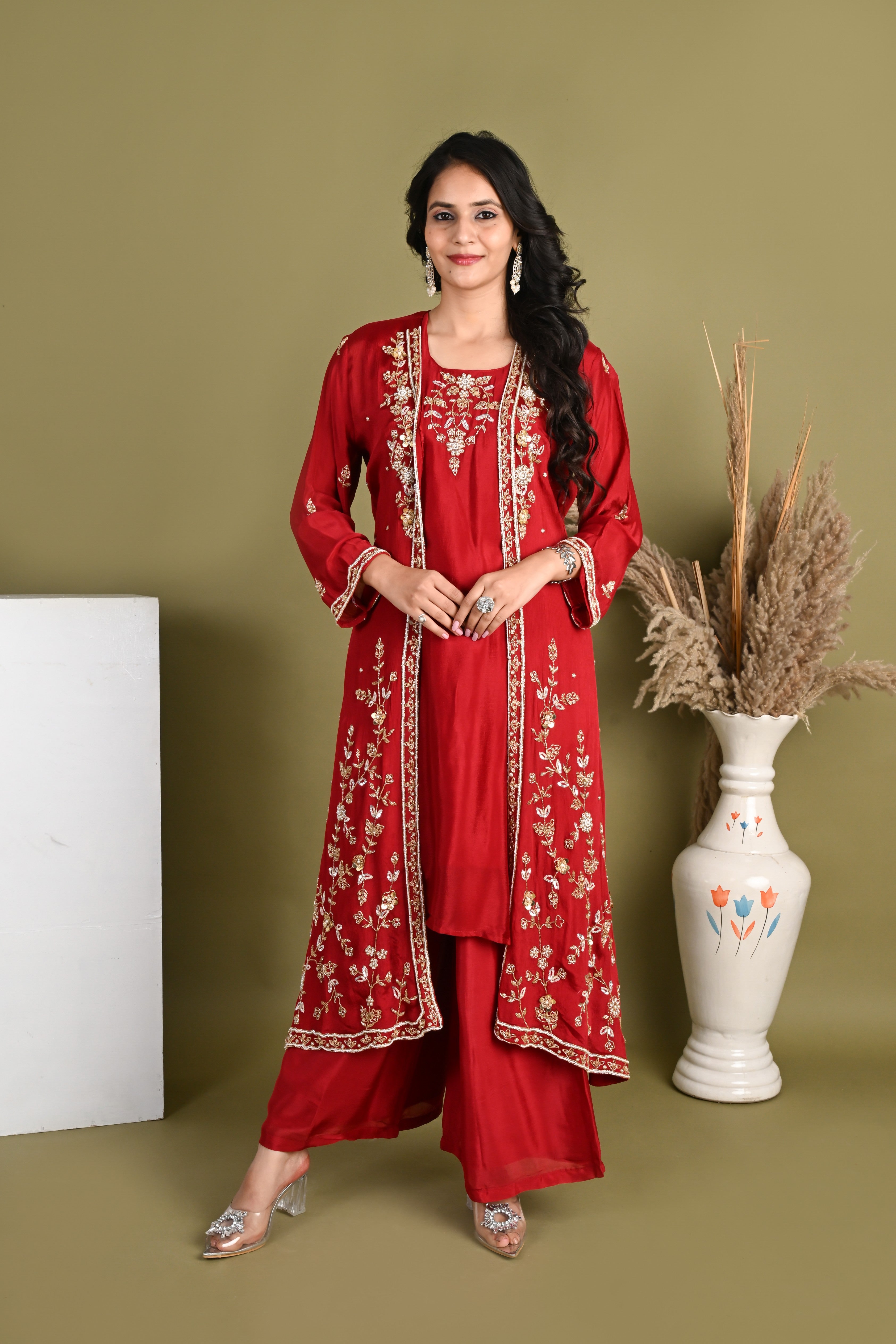 NR-164/  Ruby Red Handcrafted Shrug Kurta Set