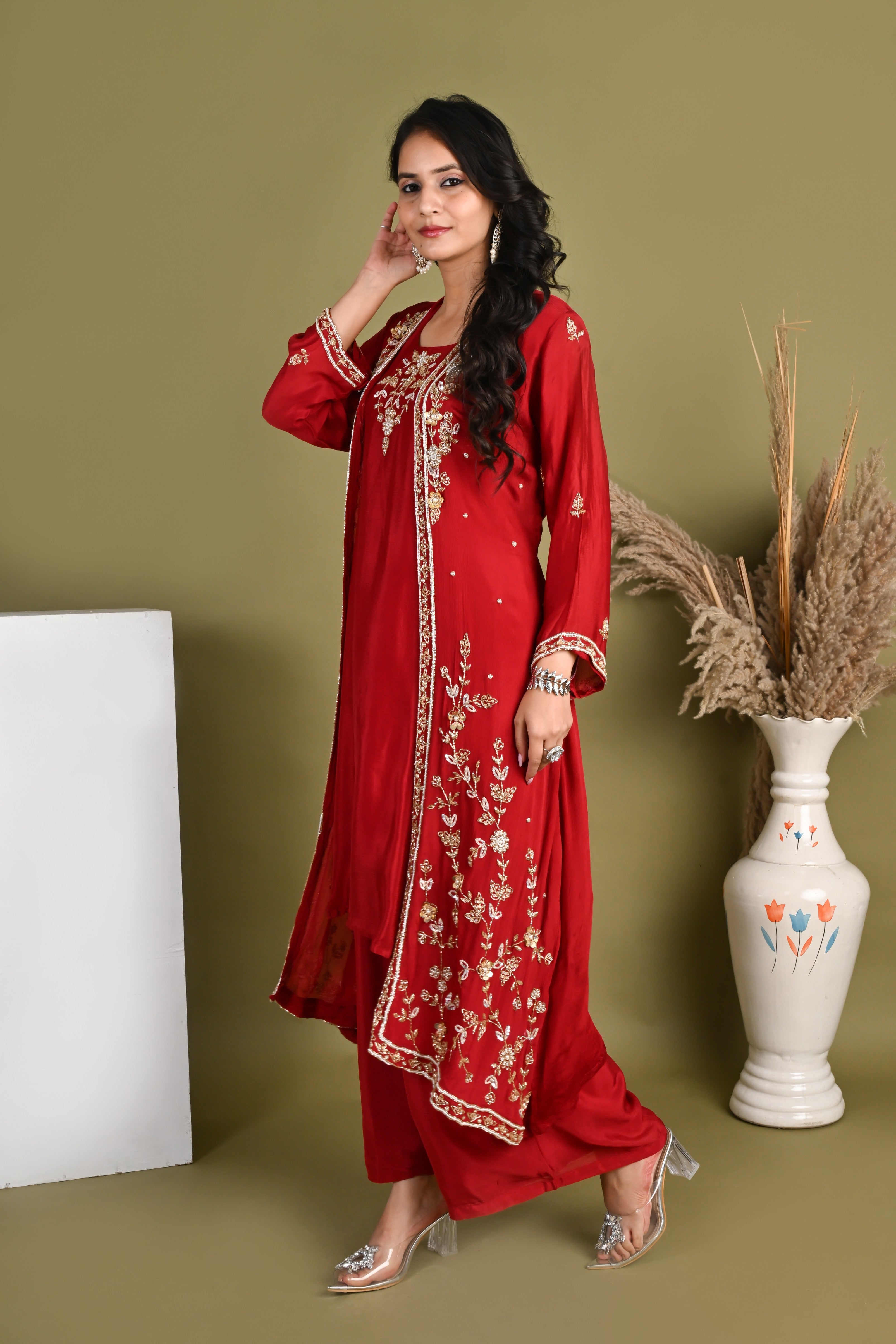 NR-164/  Ruby Red Handcrafted Shrug Kurta Set