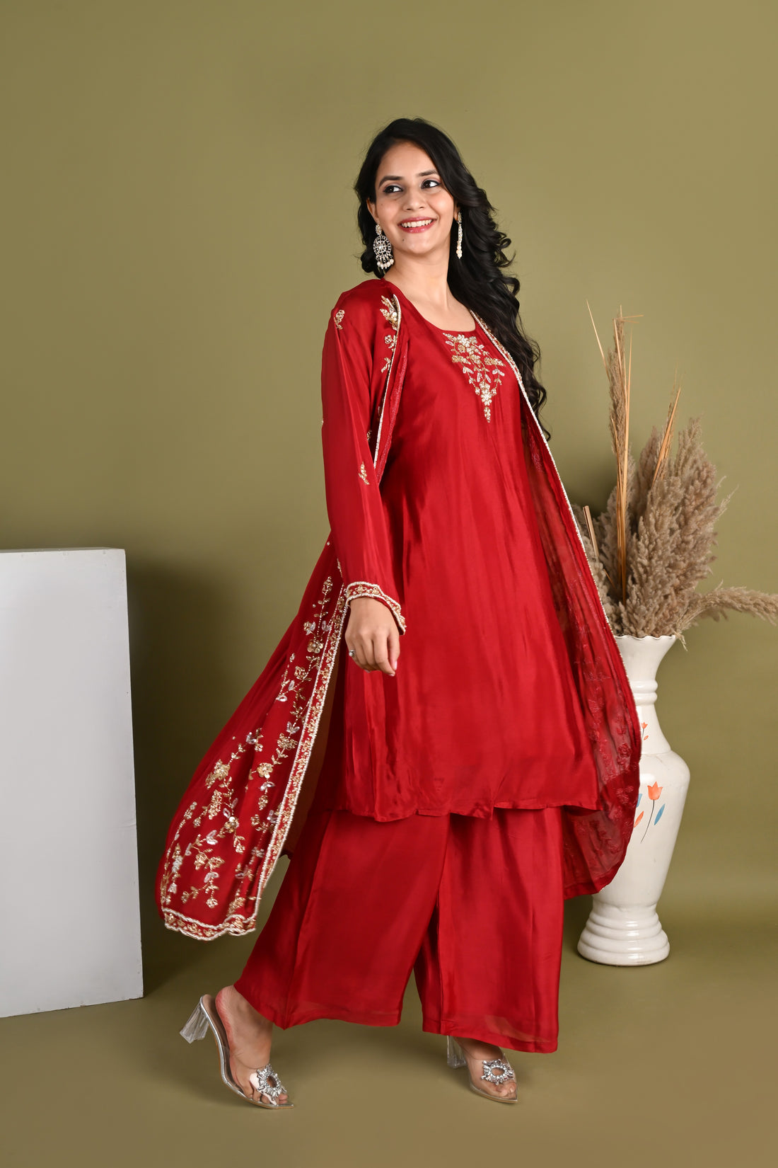 NR-164/  Ruby Red Handcrafted Shrug Kurta Set