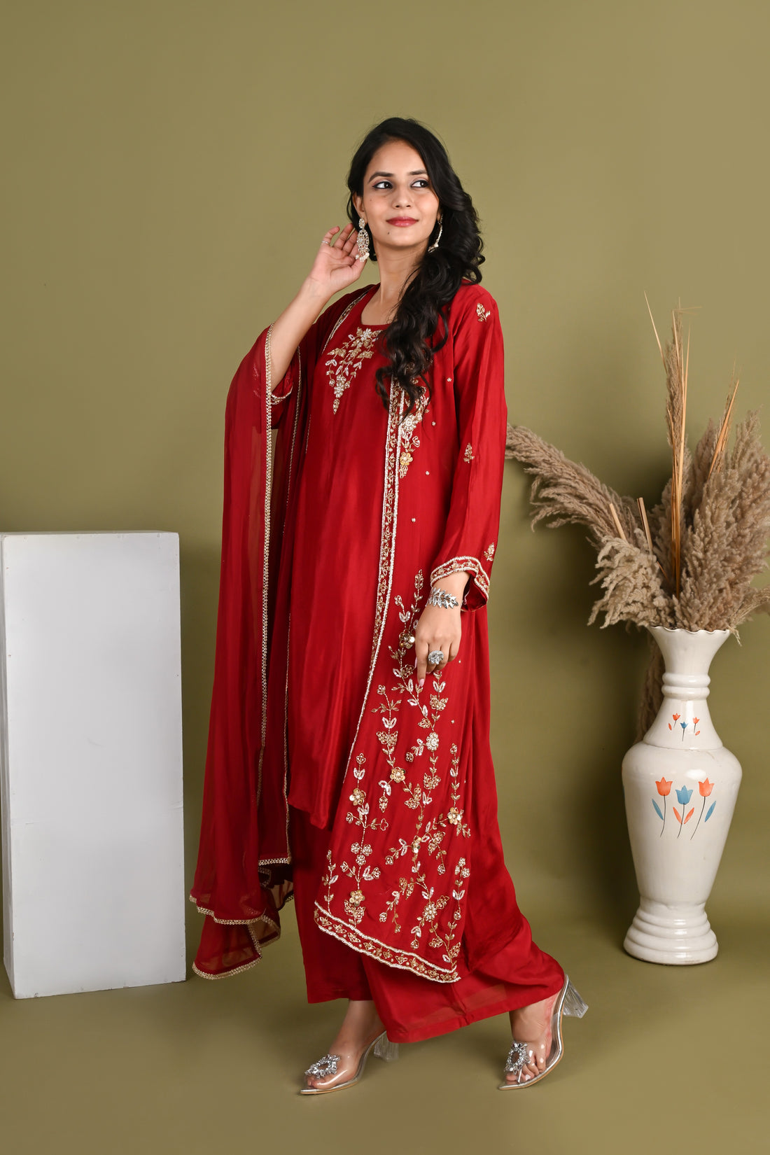 NR-164/  Ruby Red Handcrafted Shrug Kurta Set