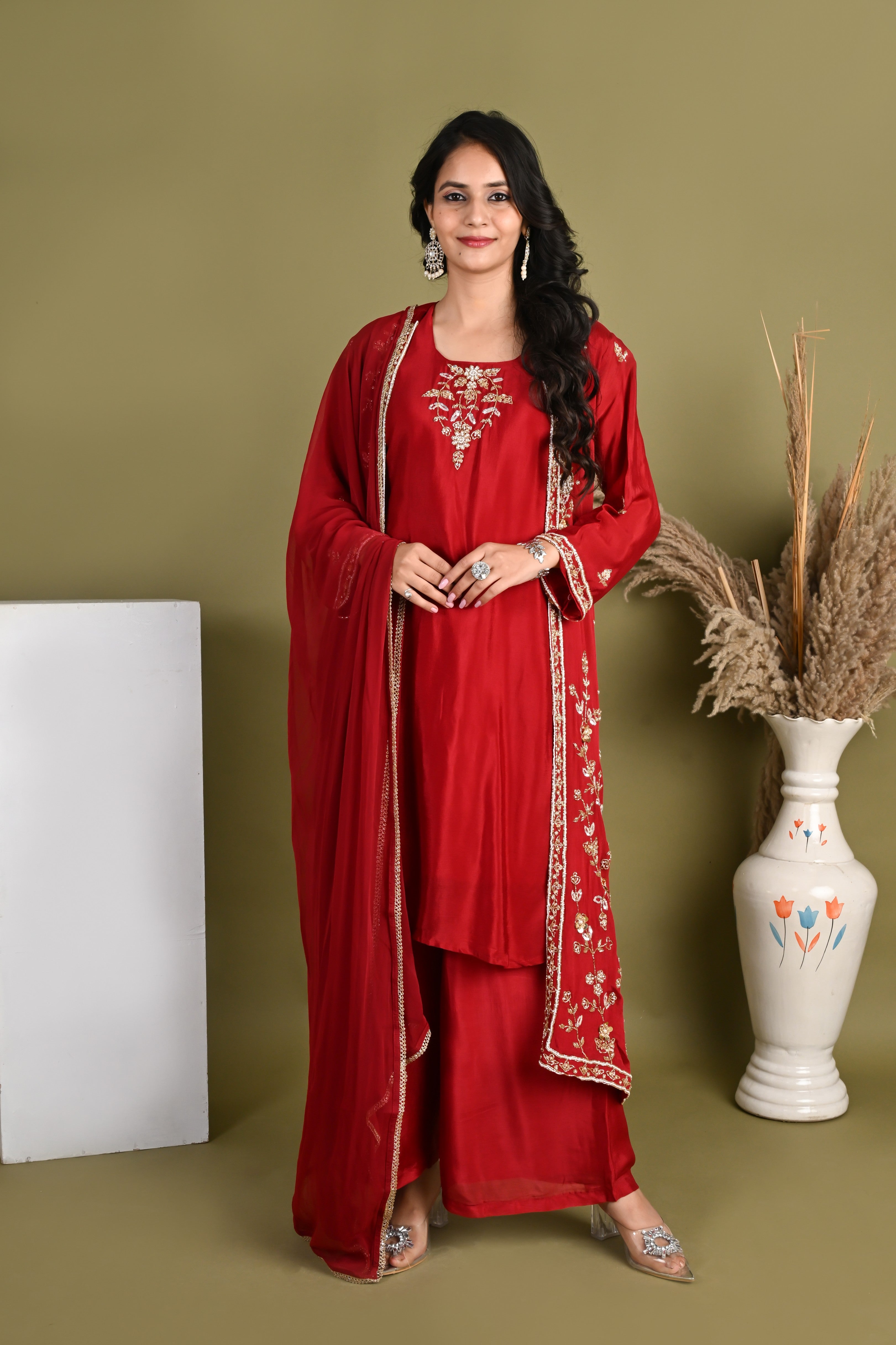 NR-164/  Ruby Red Handcrafted Shrug Kurta Set