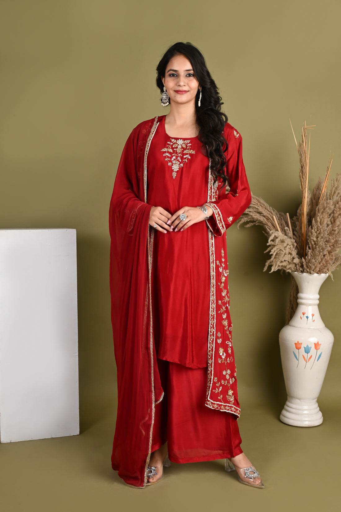NR-164/  Ruby Red Handcrafted Shrug Kurta Set