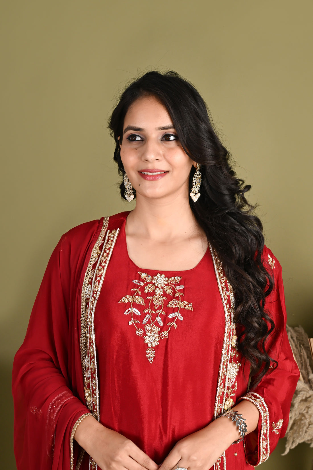 NR-164/  Ruby Red Handcrafted Shrug Kurta Set
