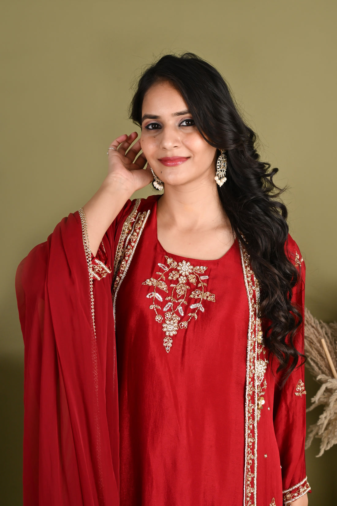NR-164/  Ruby Red Handcrafted Shrug Kurta Set