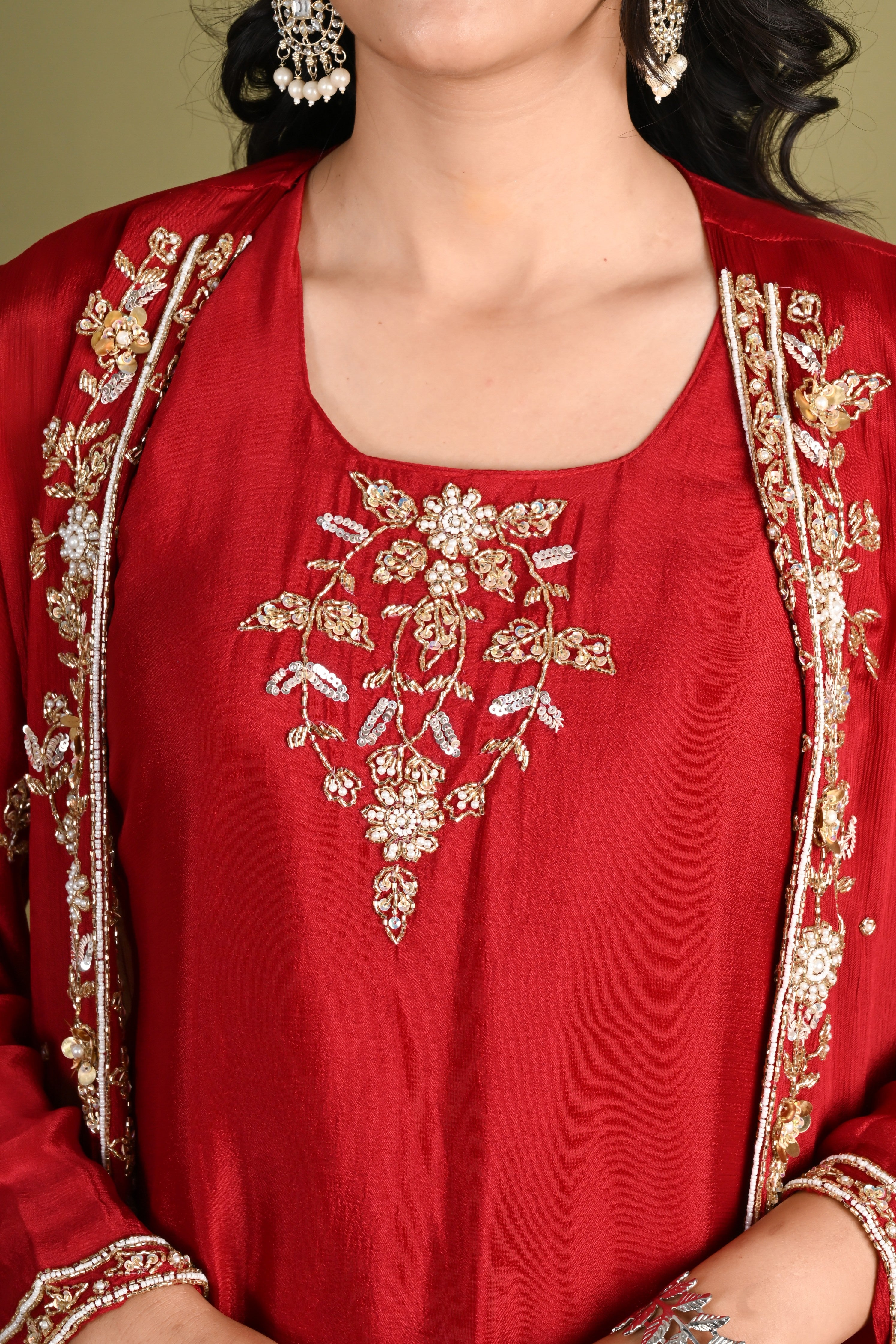 NR-164/  Ruby Red Handcrafted Shrug Kurta Set