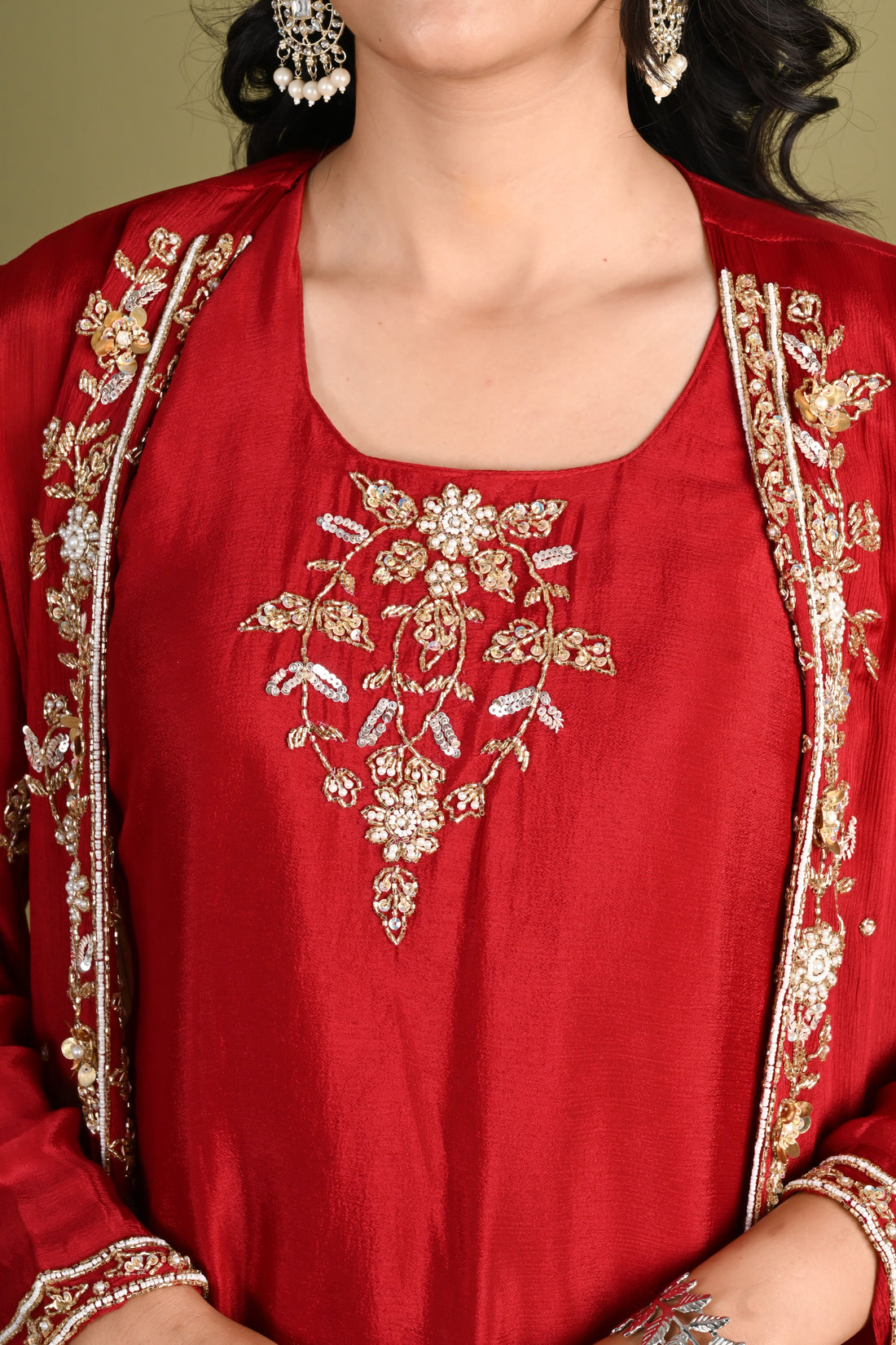 NR-164/  Ruby Red Handcrafted Shrug Kurta Set