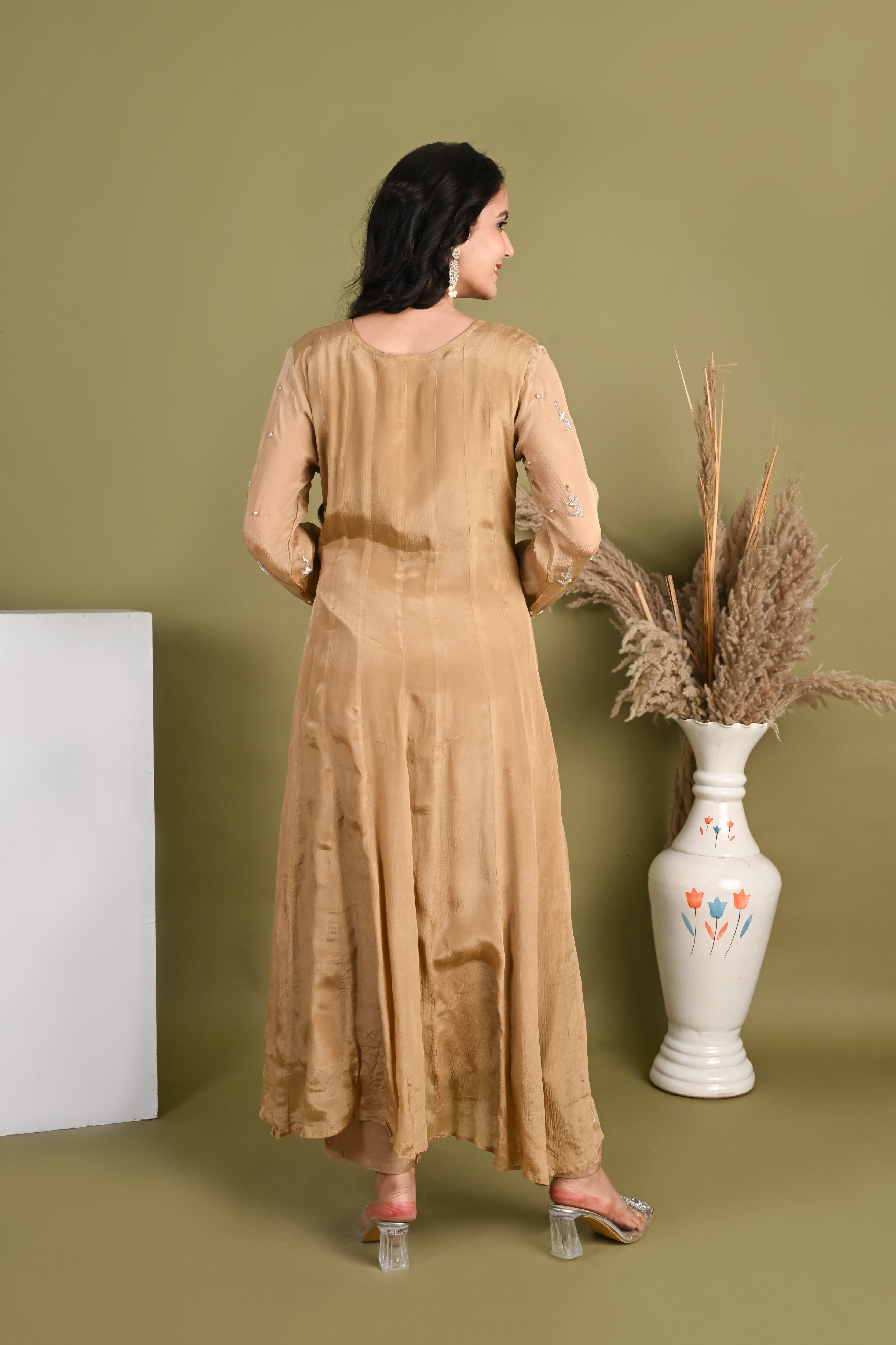 NR-165/ Golden Beige Hand-Embroidered Anarkali Suit Set