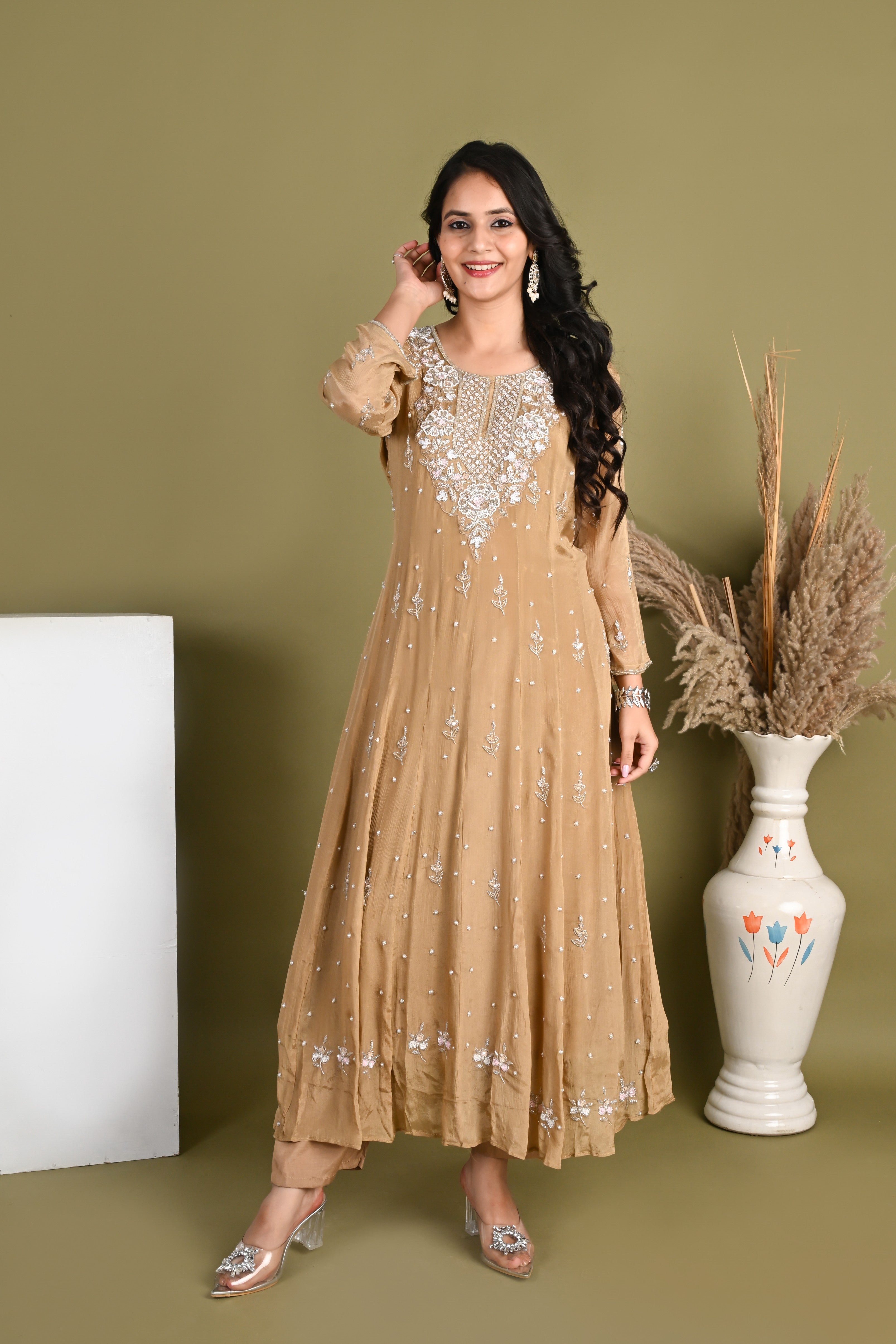 NR-165/ Golden Beige Hand-Embroidered Anarkali Suit Set