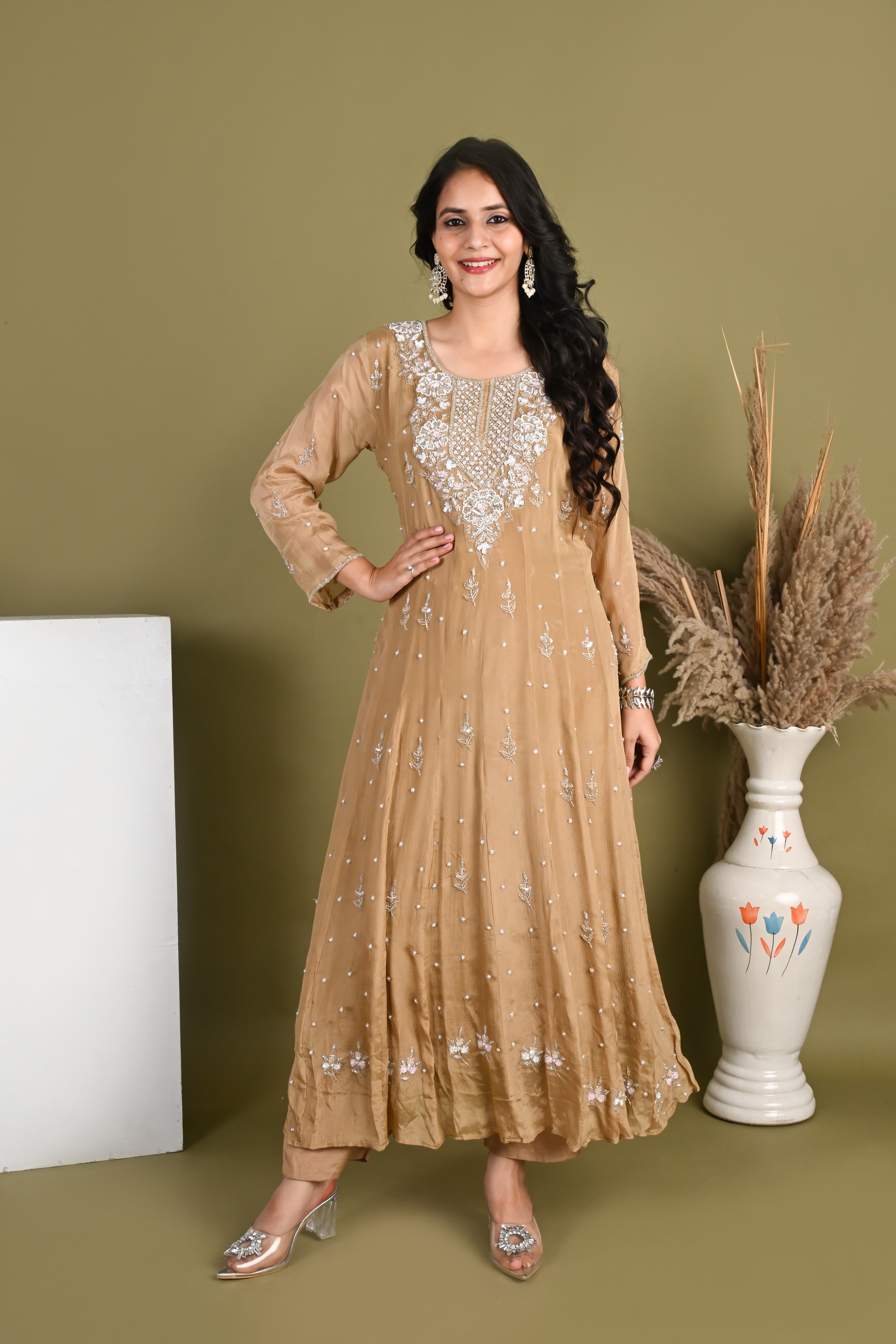 NR-165/ Golden Beige Hand-Embroidered Anarkali Suit Set