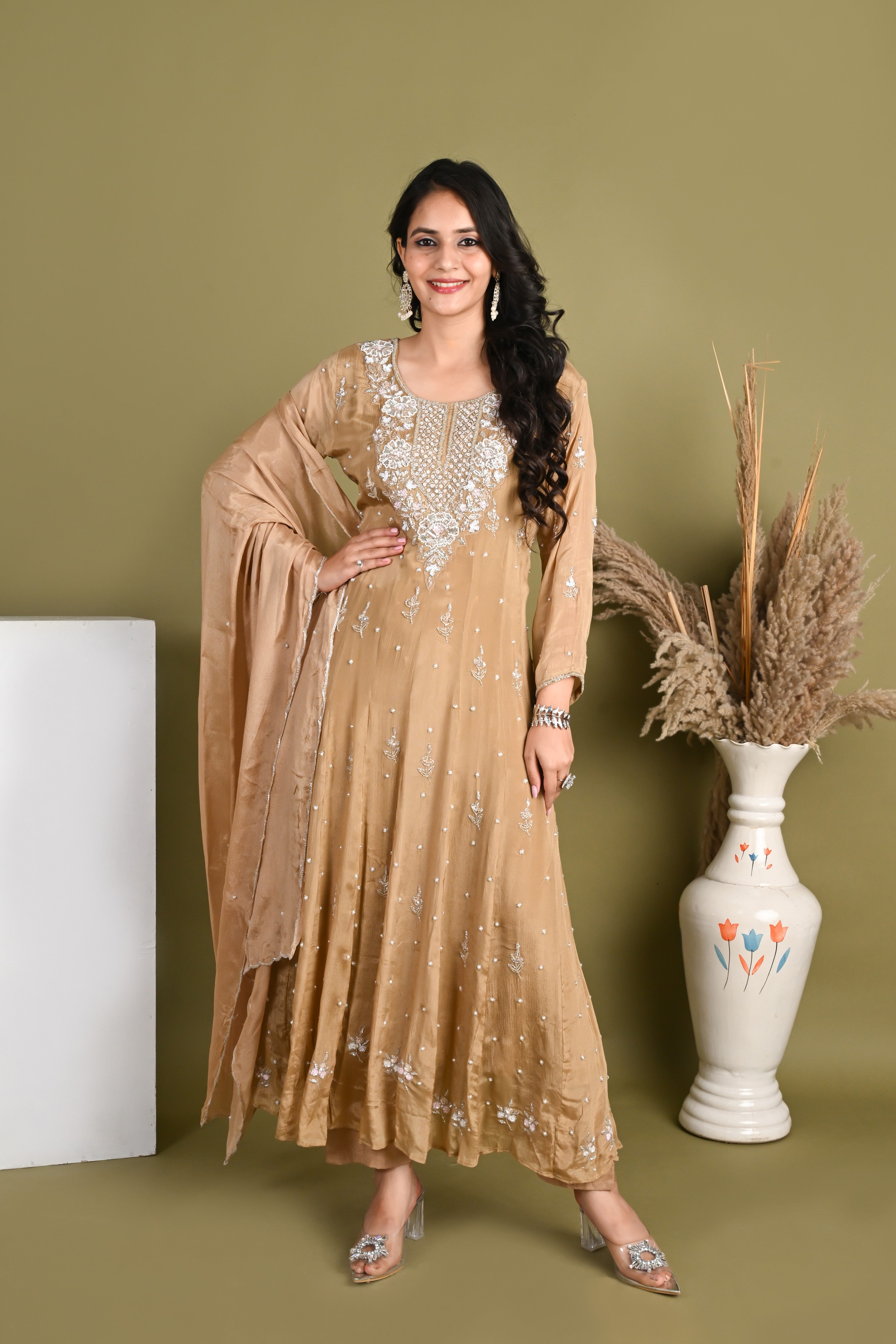 NR-165/ Golden Beige Hand-Embroidered Anarkali Suit Set