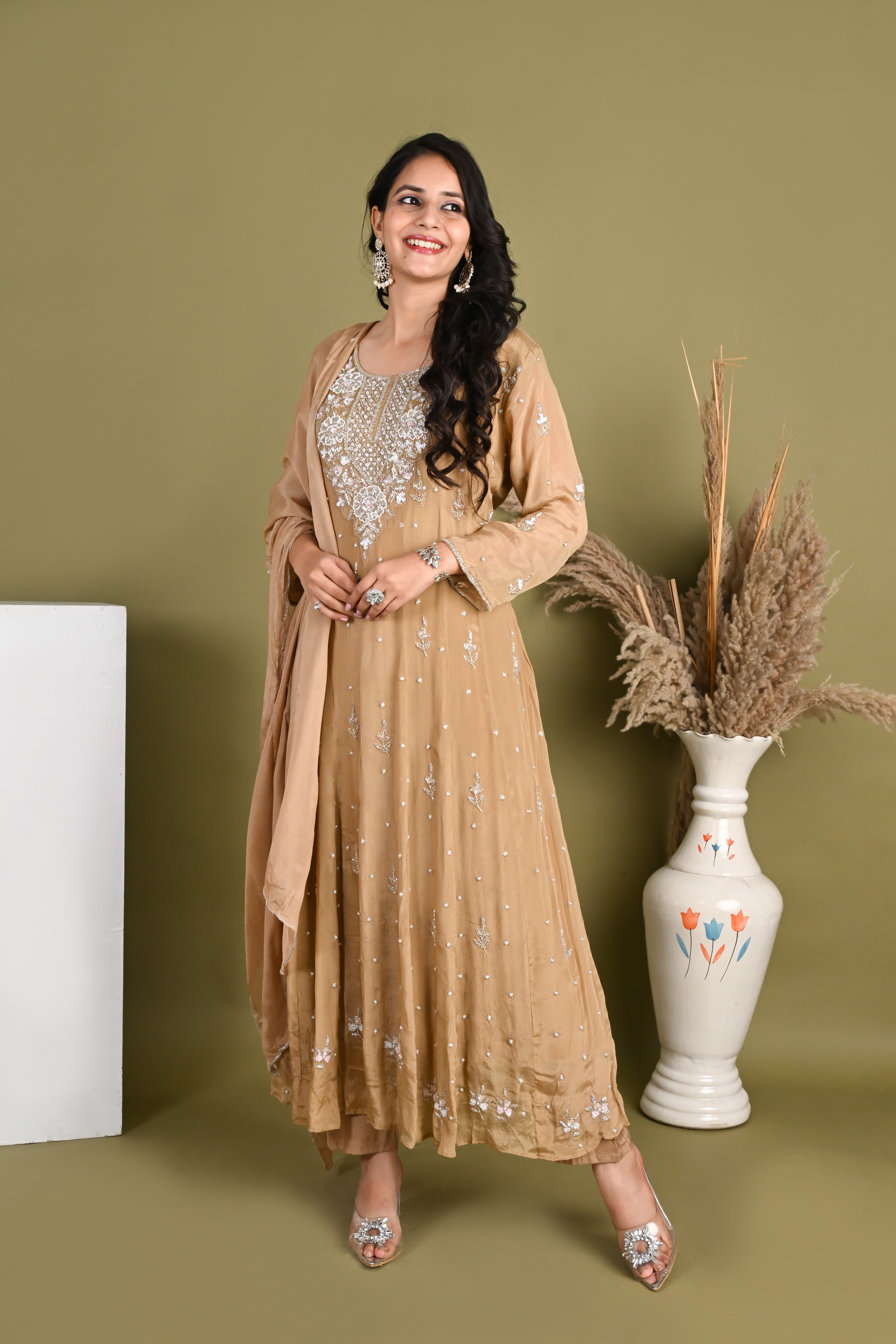 NR-165/ Golden Beige Hand-Embroidered Anarkali Suit Set