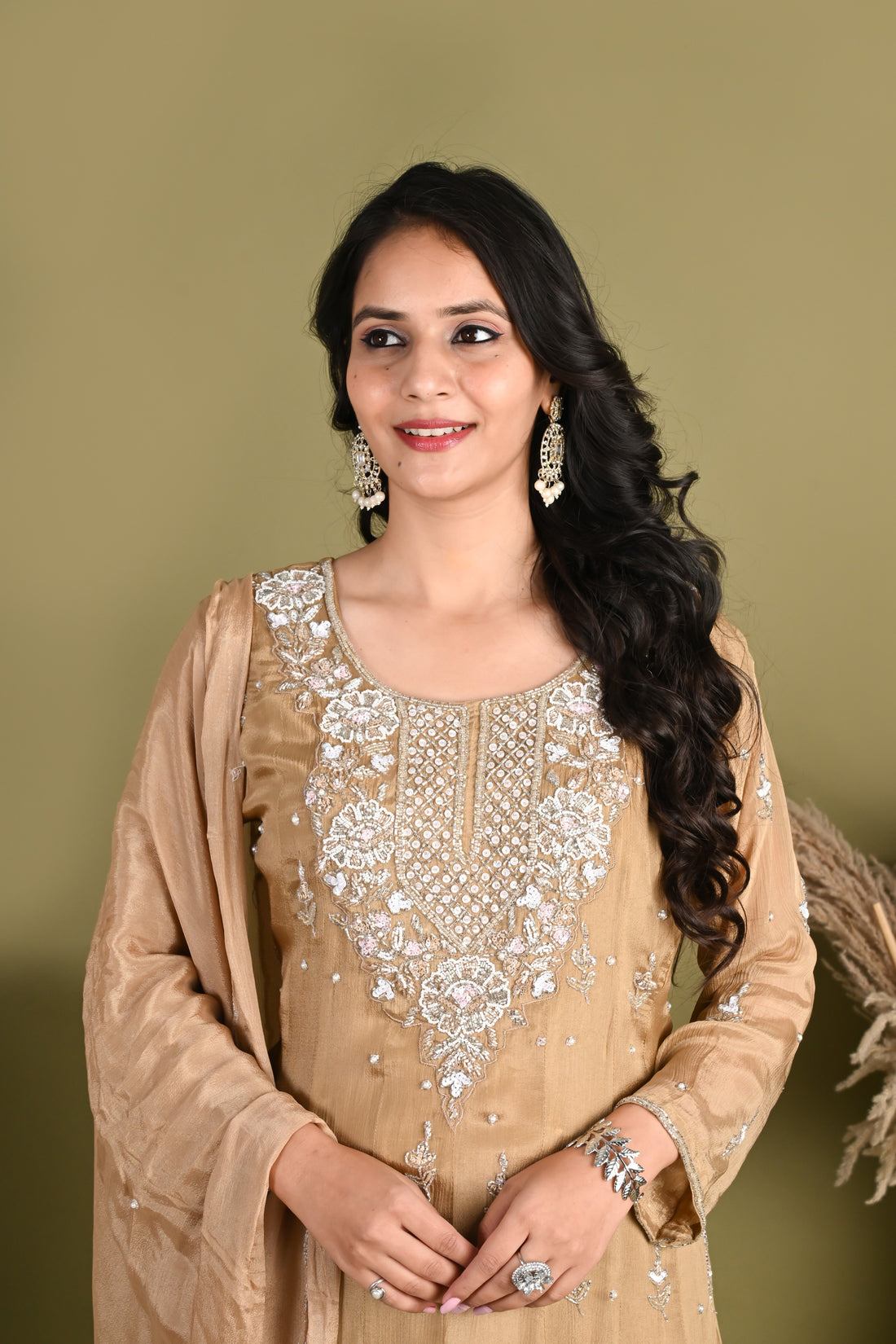NR-165/ Golden Beige Hand-Embroidered Anarkali Suit Set
