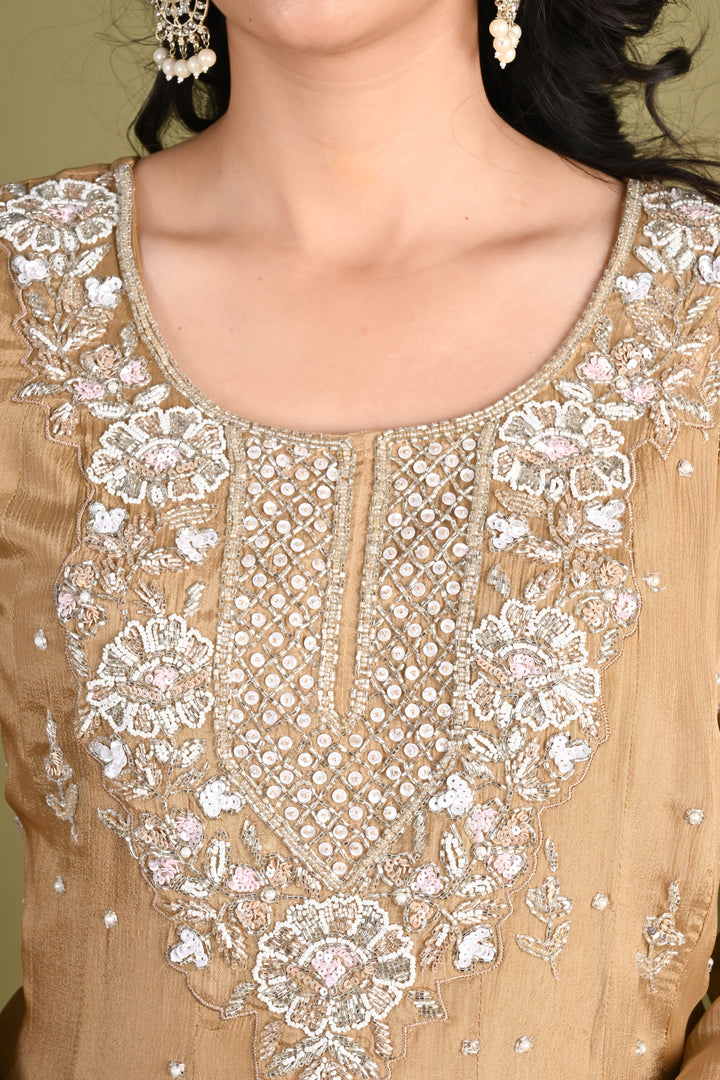NR-165/ Golden Beige Hand-Embroidered Anarkali Suit Set