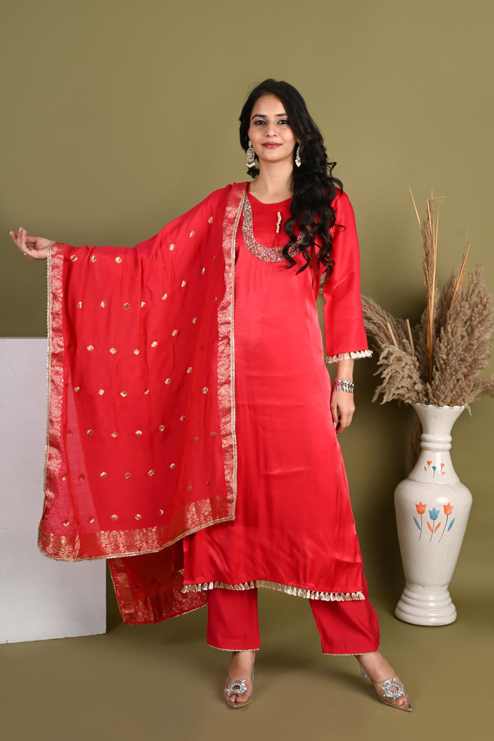 NR-166/ Red Radiance – Elegant Handwork Kurta Set