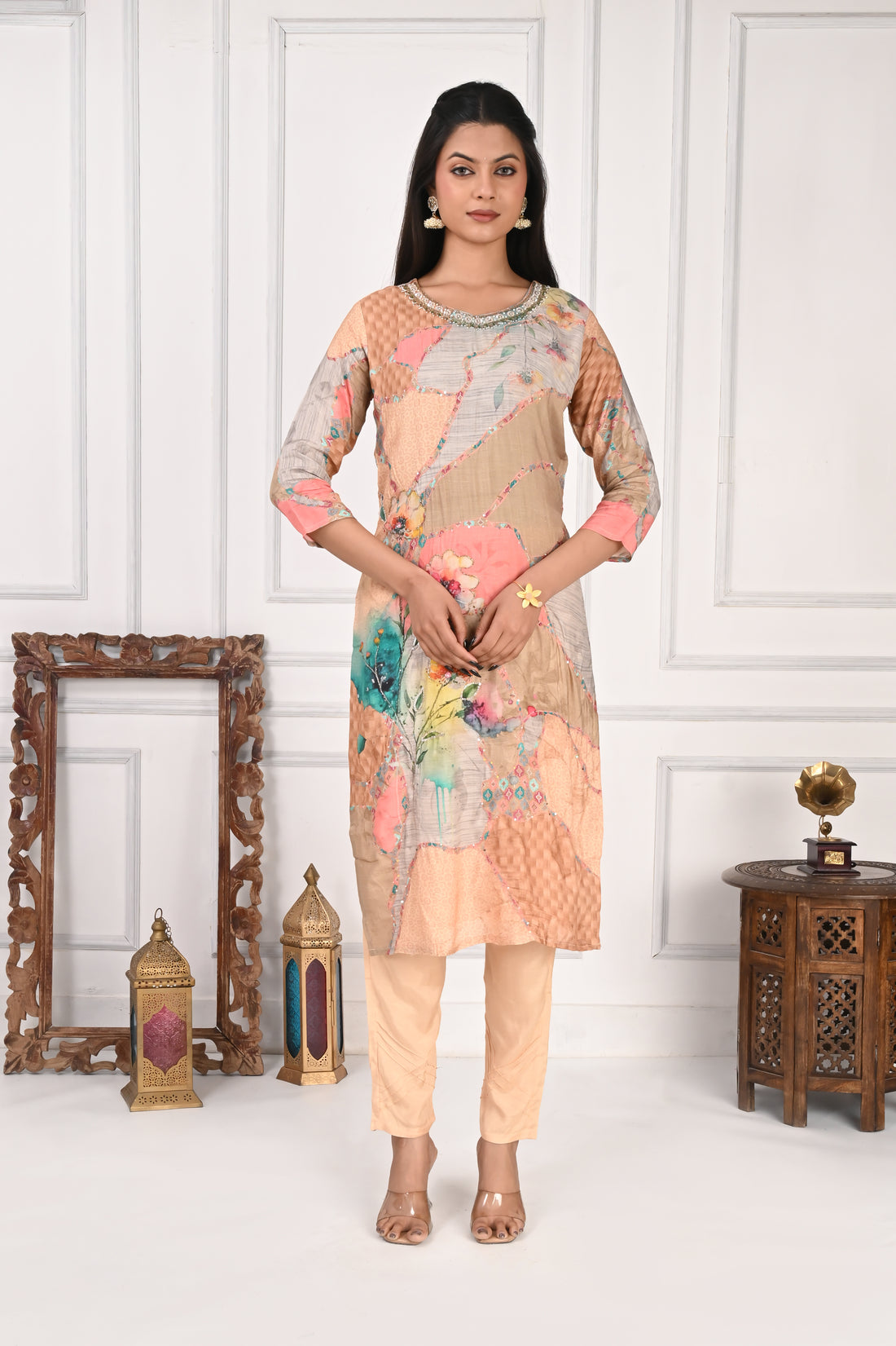 NR-126 Pastel Floral Printed Pure Maslin Suit Set