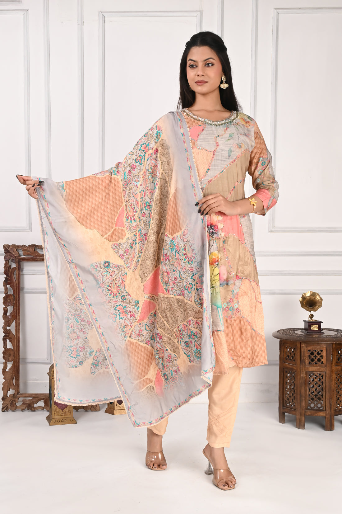NR-126 Pastel Floral Printed Pure Maslin Suit Set