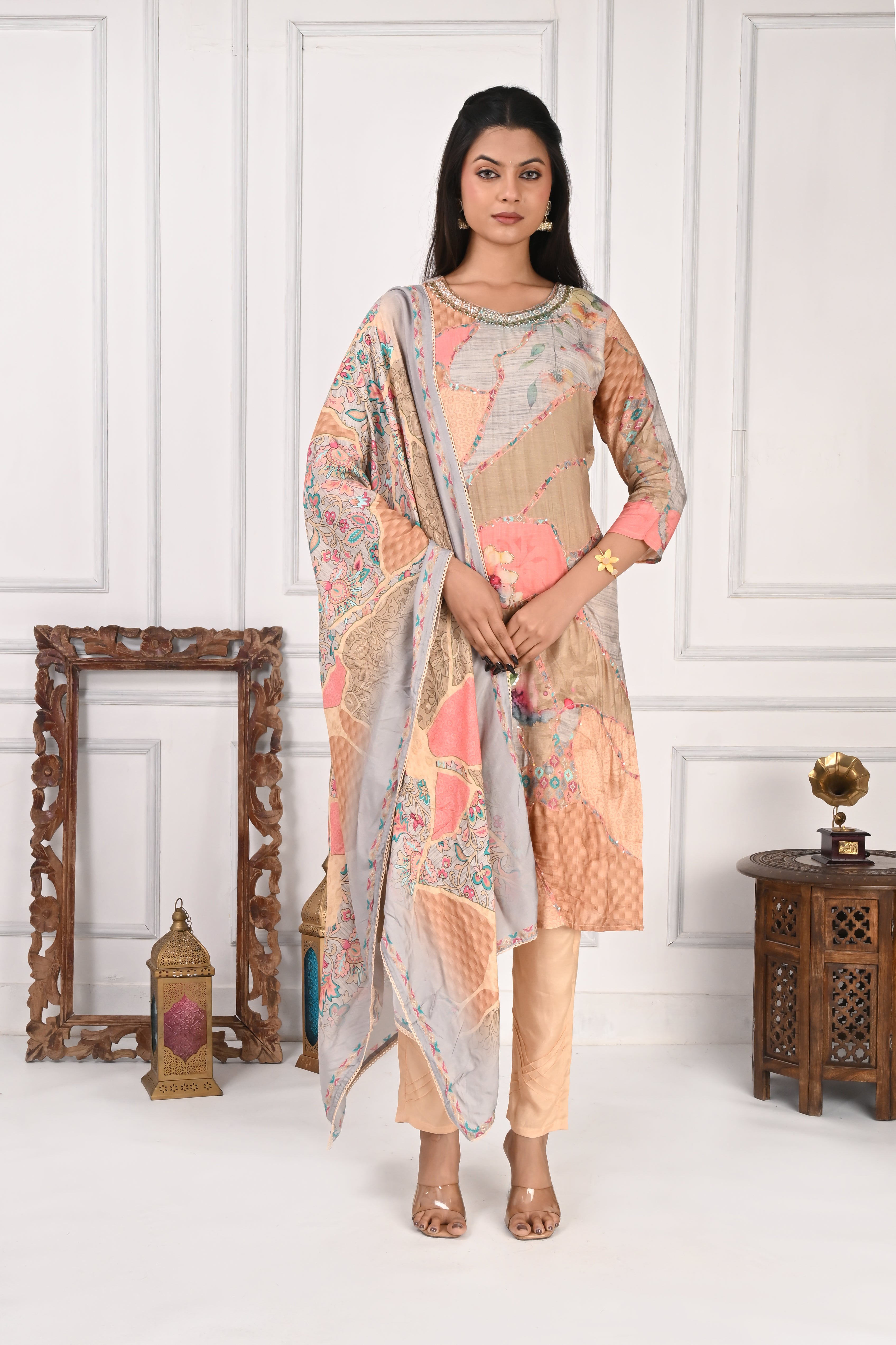 NR-126 Pastel Floral Printed Pure Maslin Suit Set