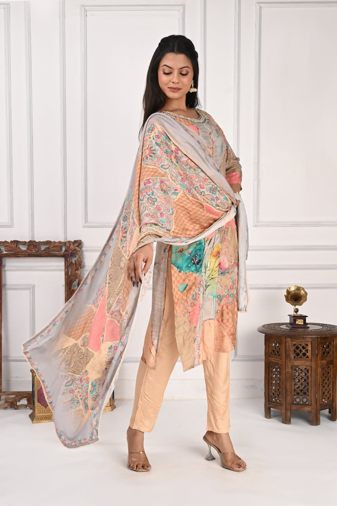 NR-126 Pastel Floral Printed Pure Maslin Suit Set