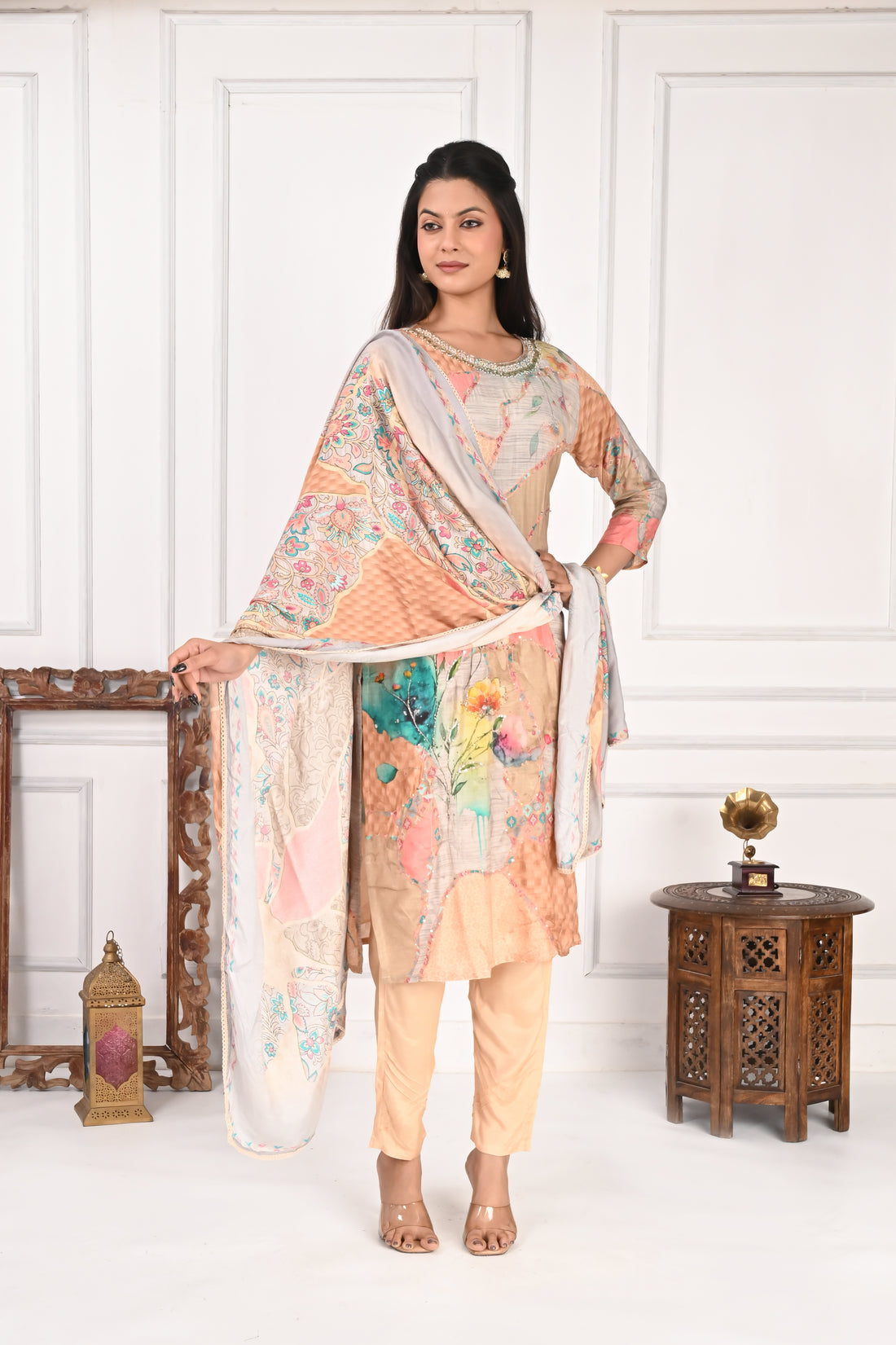 NR-126 Pastel Floral Printed Pure Maslin Suit Set