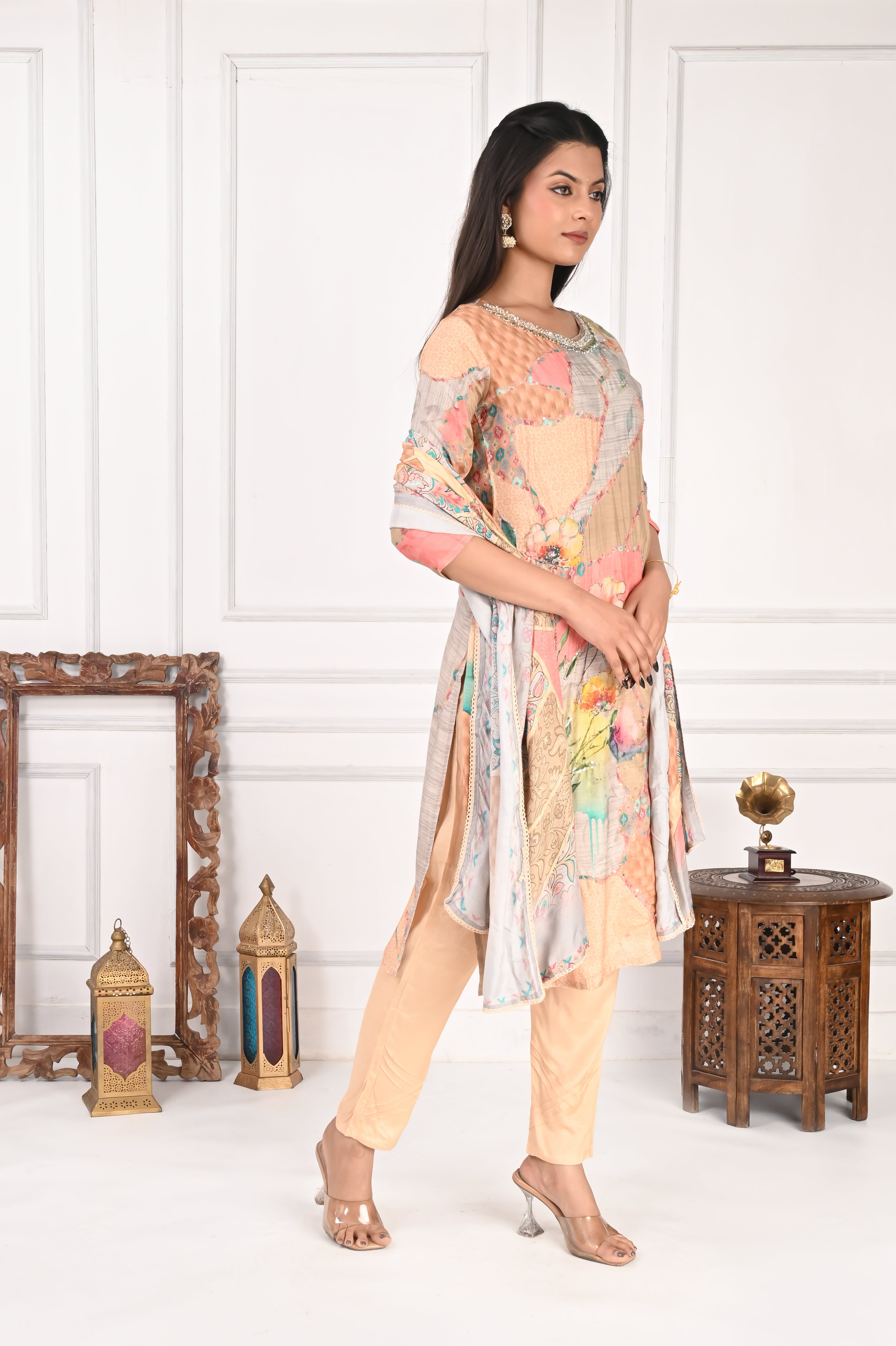 NR-126 Pastel Floral Printed Pure Maslin Suit Set
