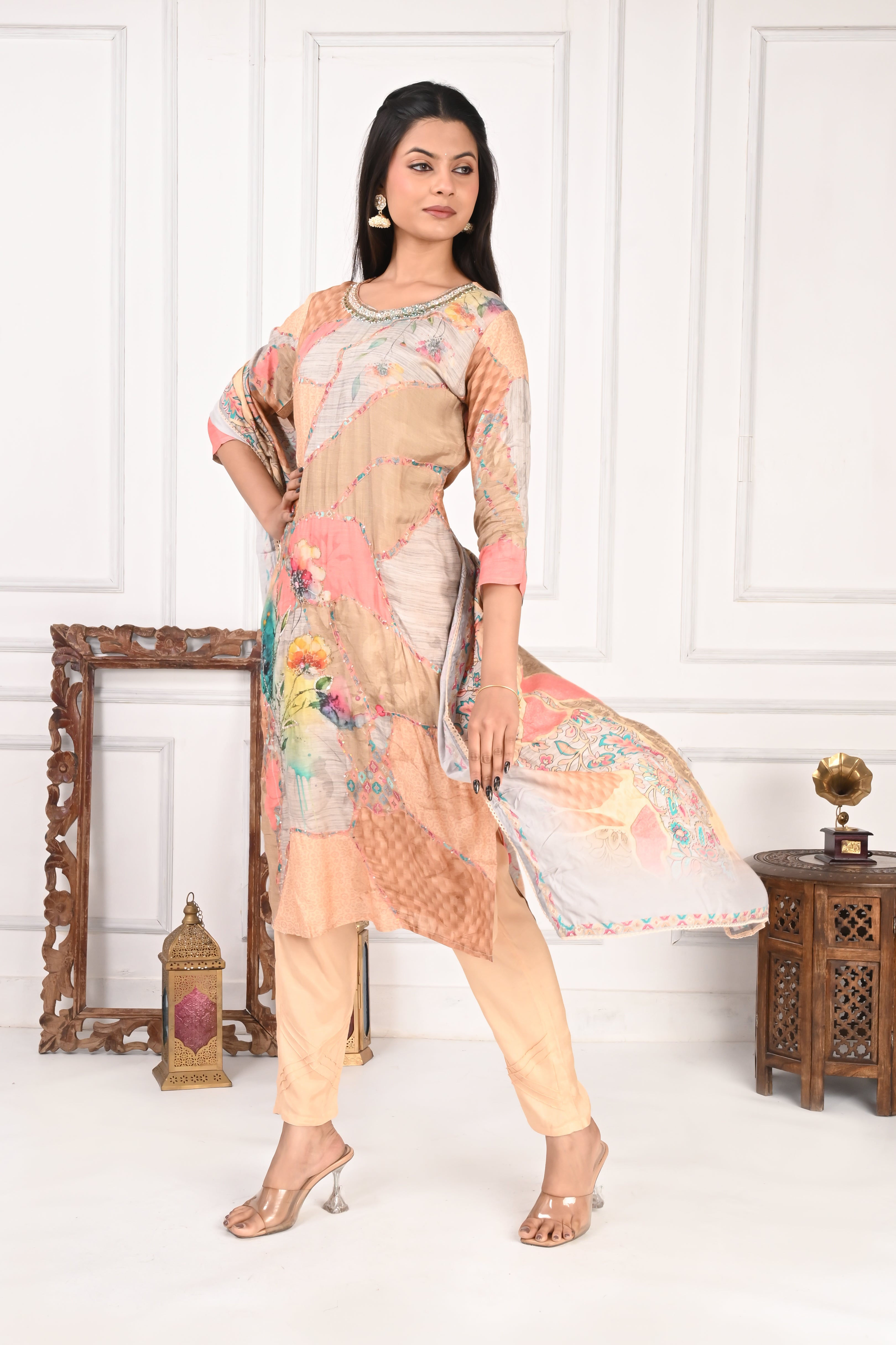 NR-126 Pastel Floral Printed Pure Maslin Suit Set