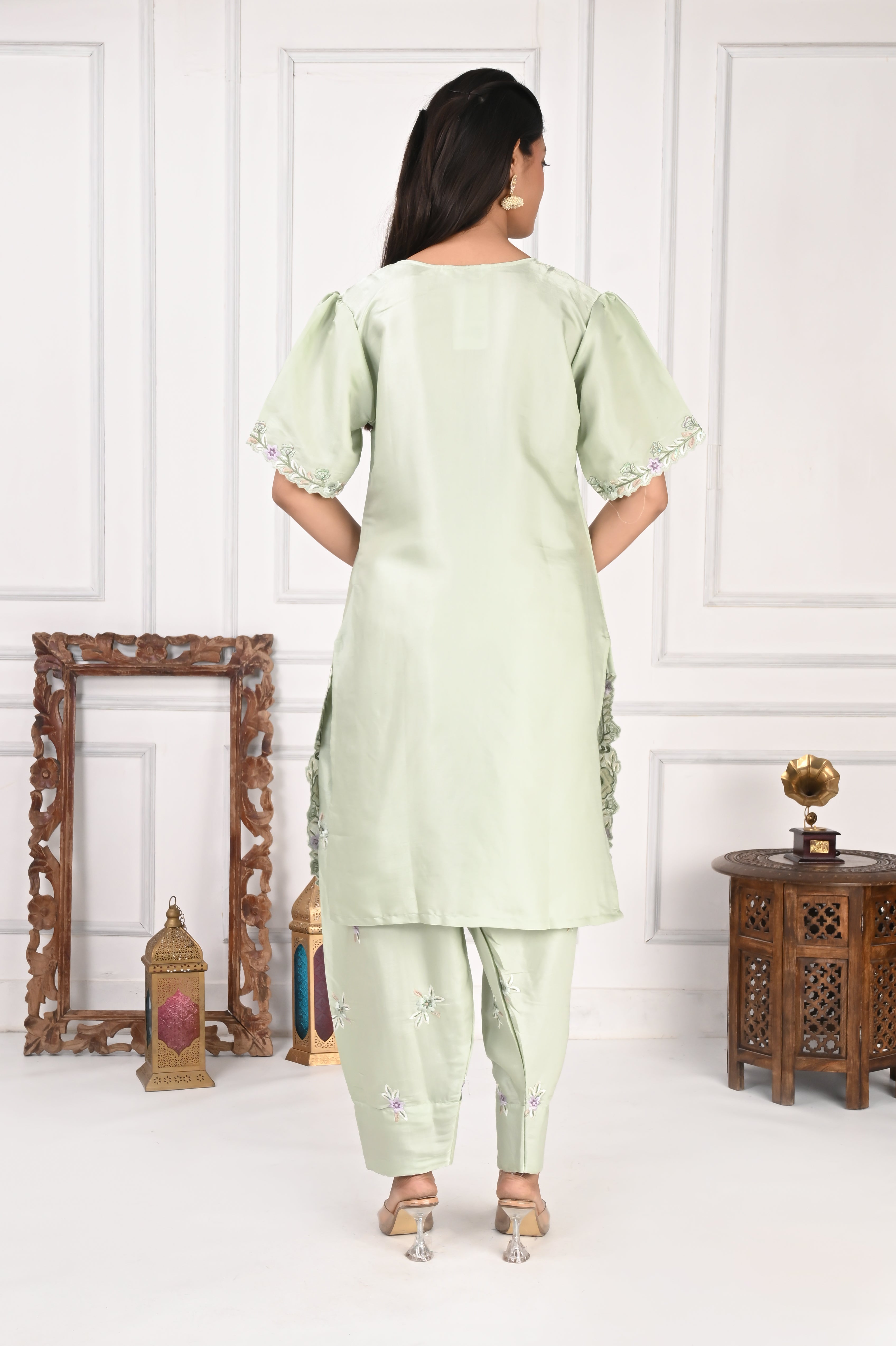 NR-127 Mint Green Embroidered Kurta with Farsi Salwar & Dupatta Set