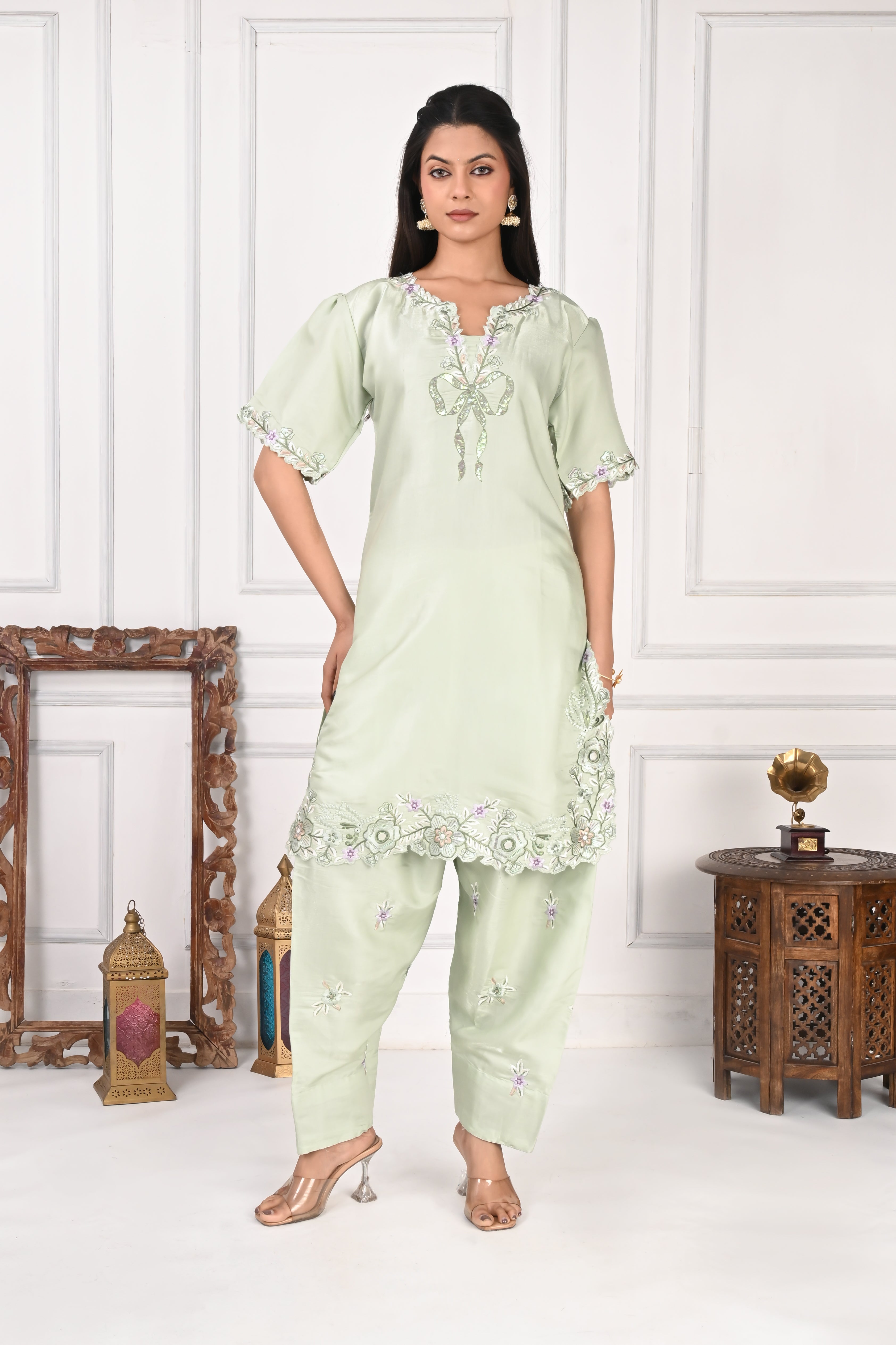 NR-127 Mint Green Embroidered Kurta with Farsi Salwar & Dupatta Set