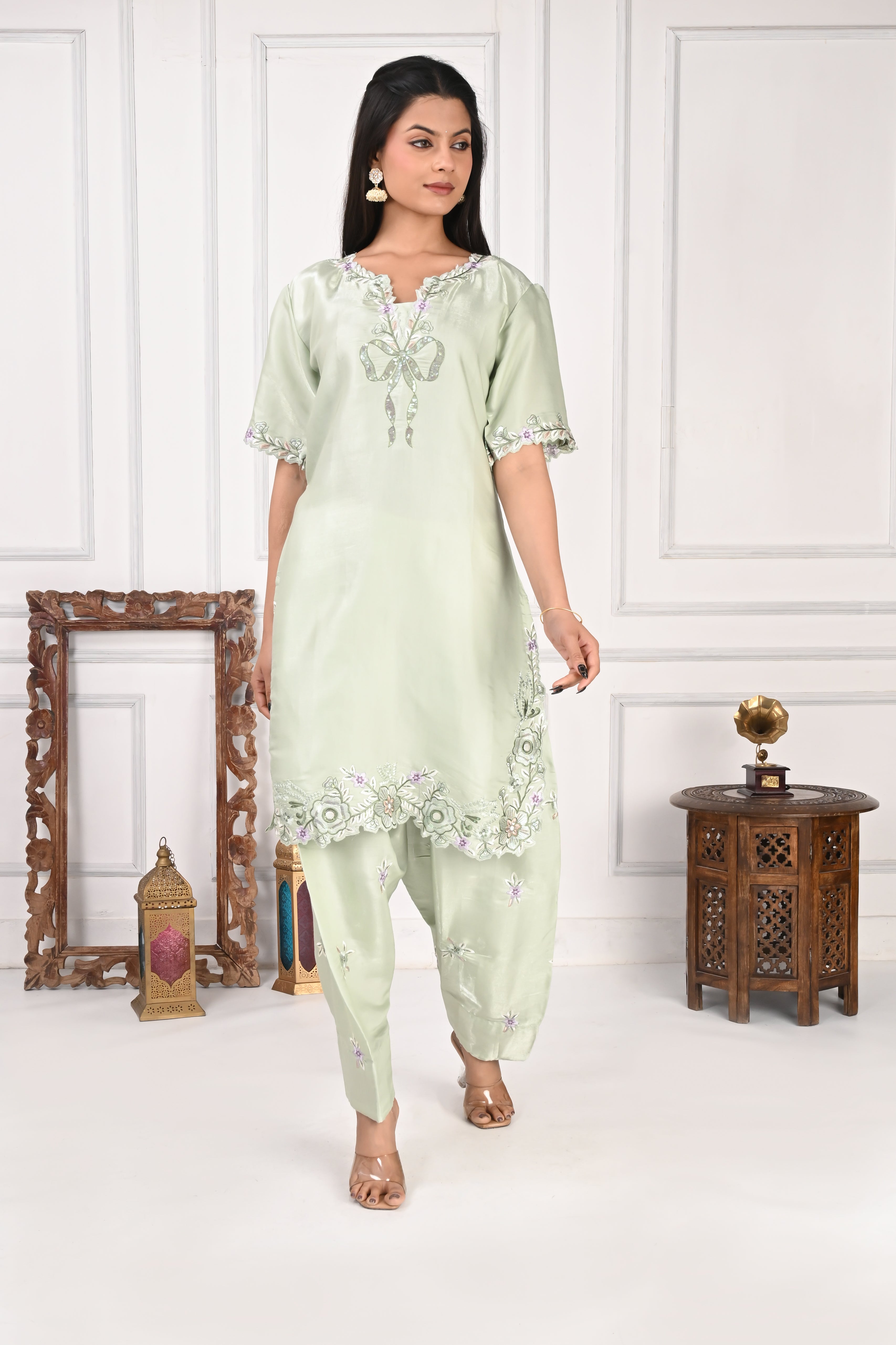 NR-127 Mint Green Embroidered Kurta with Farsi Salwar & Dupatta Set
