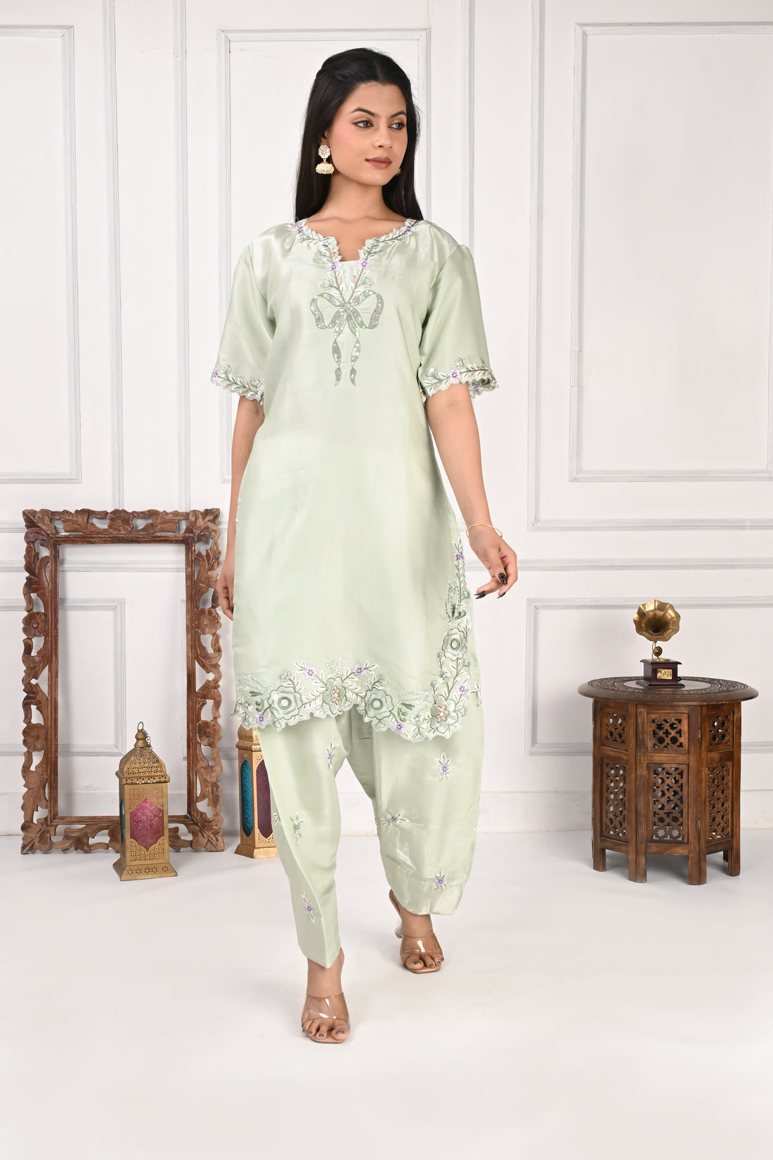 NR-127 Mint Green Embroidered Kurta with Farsi Salwar & Dupatta Set