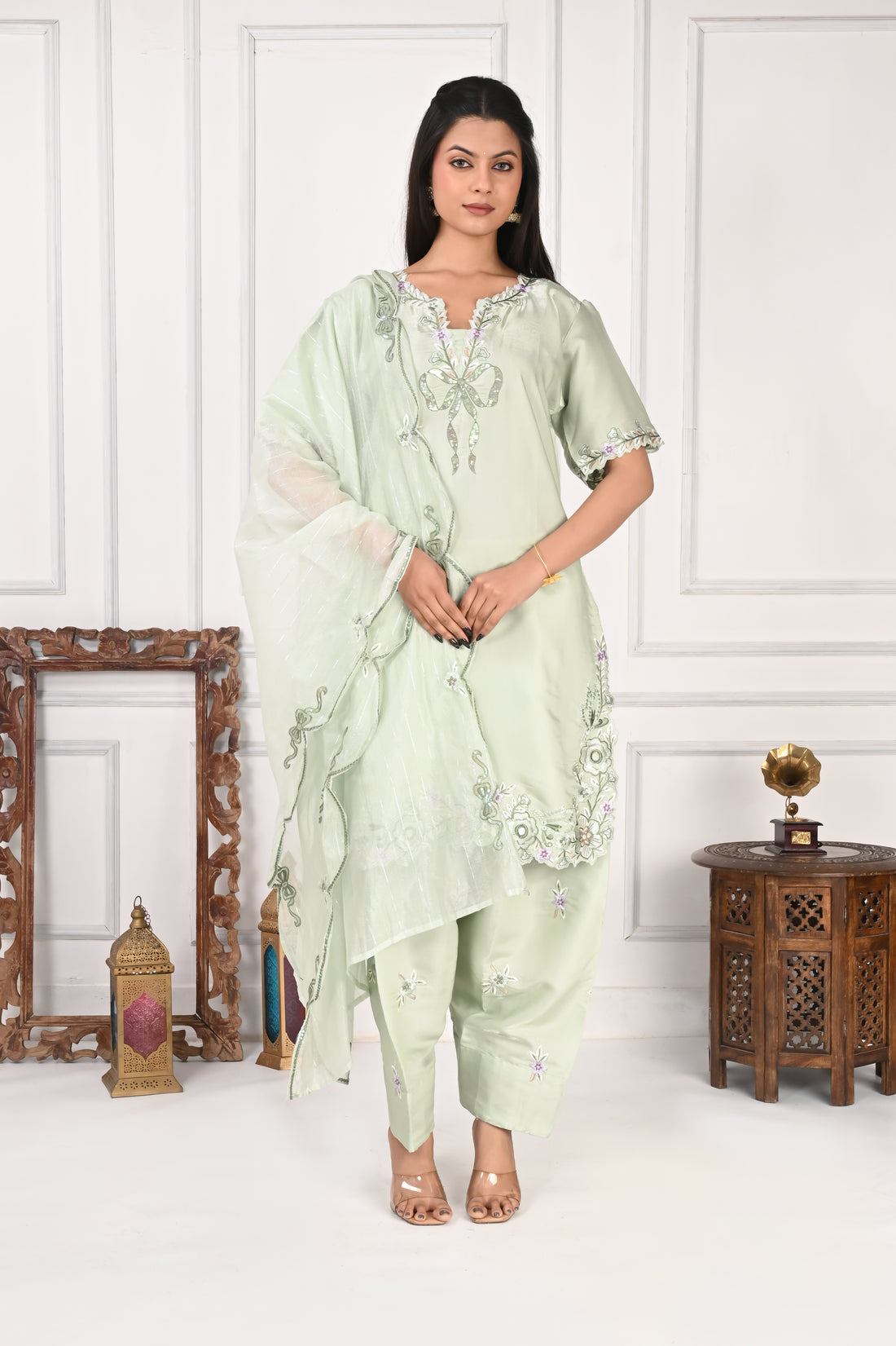 NR-127 Mint Green Embroidered Kurta with Farsi Salwar & Dupatta Set
