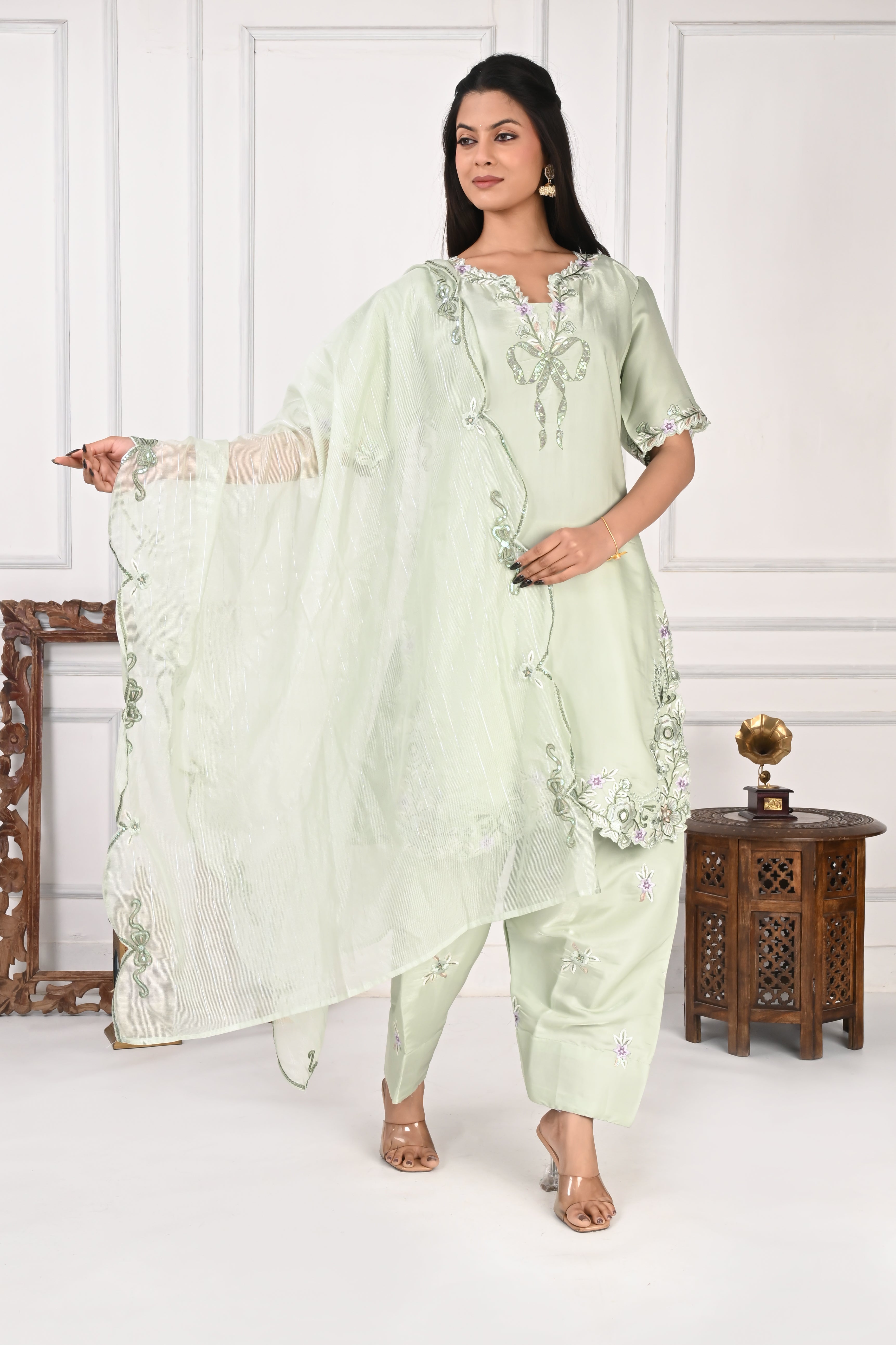 NR-127 Mint Green Embroidered Kurta with Farsi Salwar & Dupatta Set