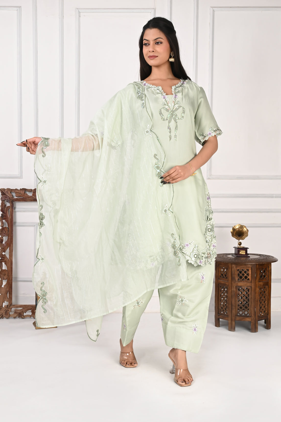 NR-127 Mint Green Embroidered Kurta with Farsi Salwar & Dupatta Set